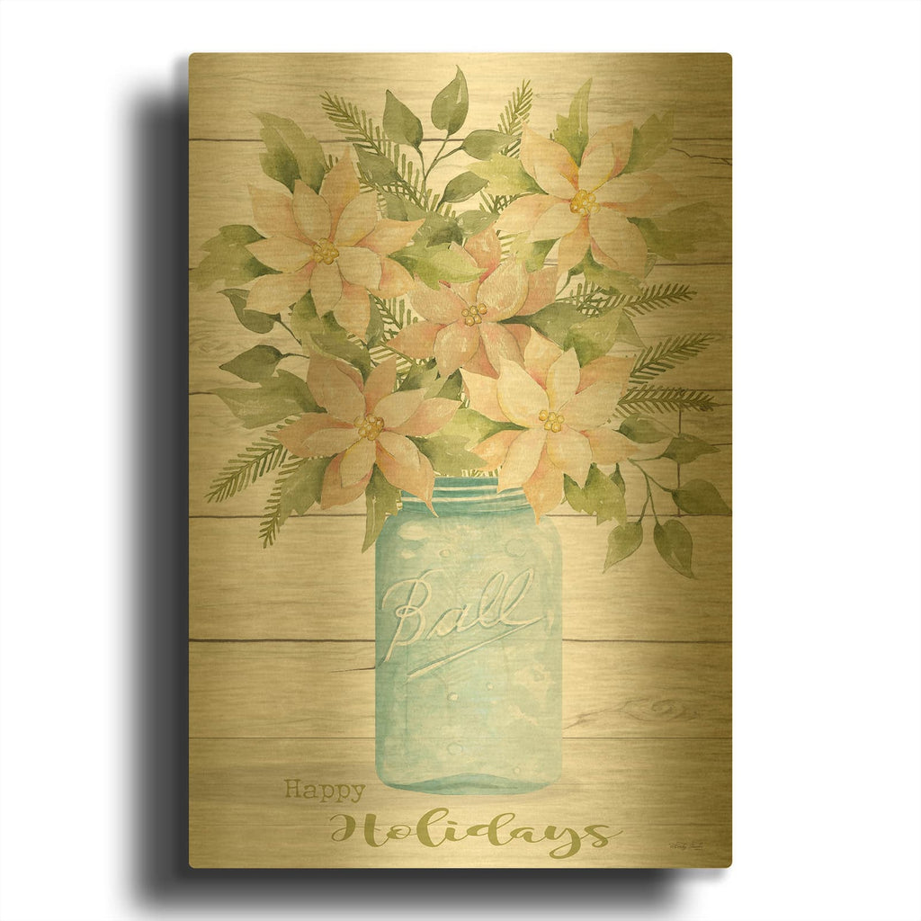 'Happy Holidays White Poinsettias' By Cindy Jacobs Gold Metal Wall Art