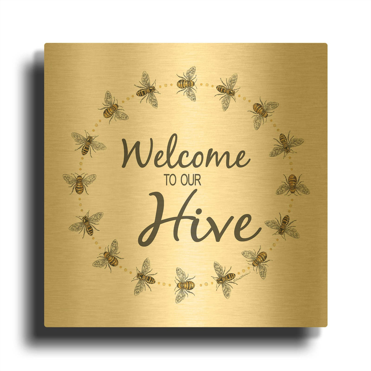 'Welcome To Our Hive' By Deb Strain Gold Metal Wall Art