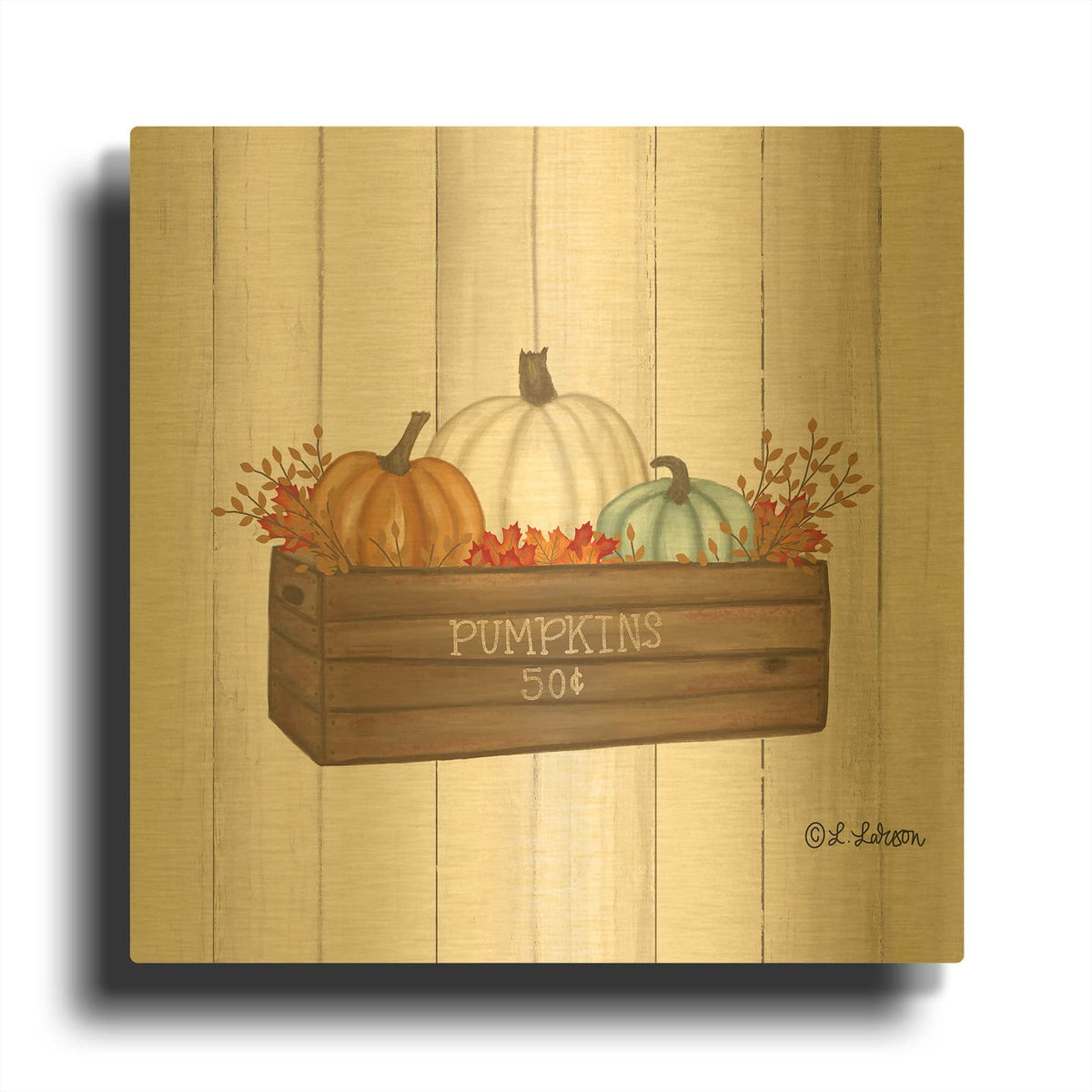'Pumpkins In Box' By Lisa Larson Gold Metal Wall Art