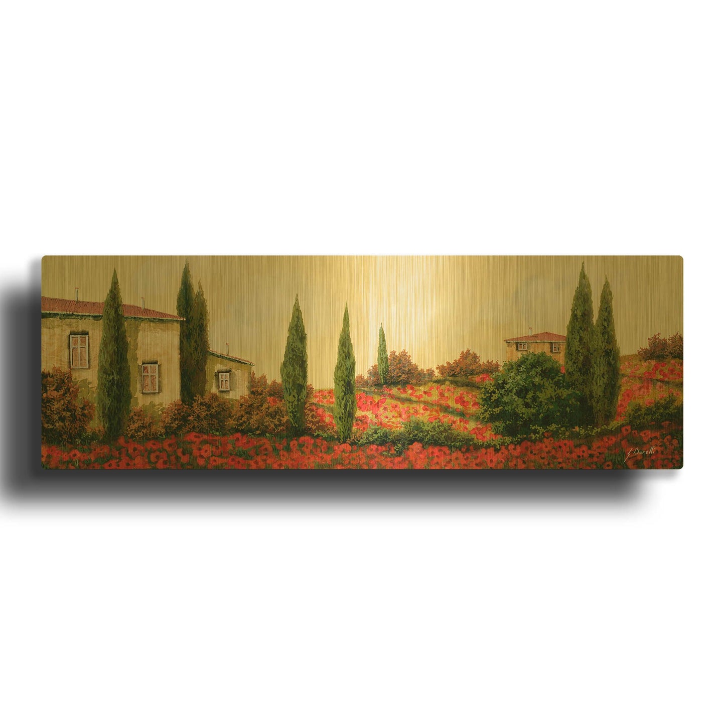 'Tre Case Tra I Papaveri' By Guido Borelli Gold Metal Wall Art