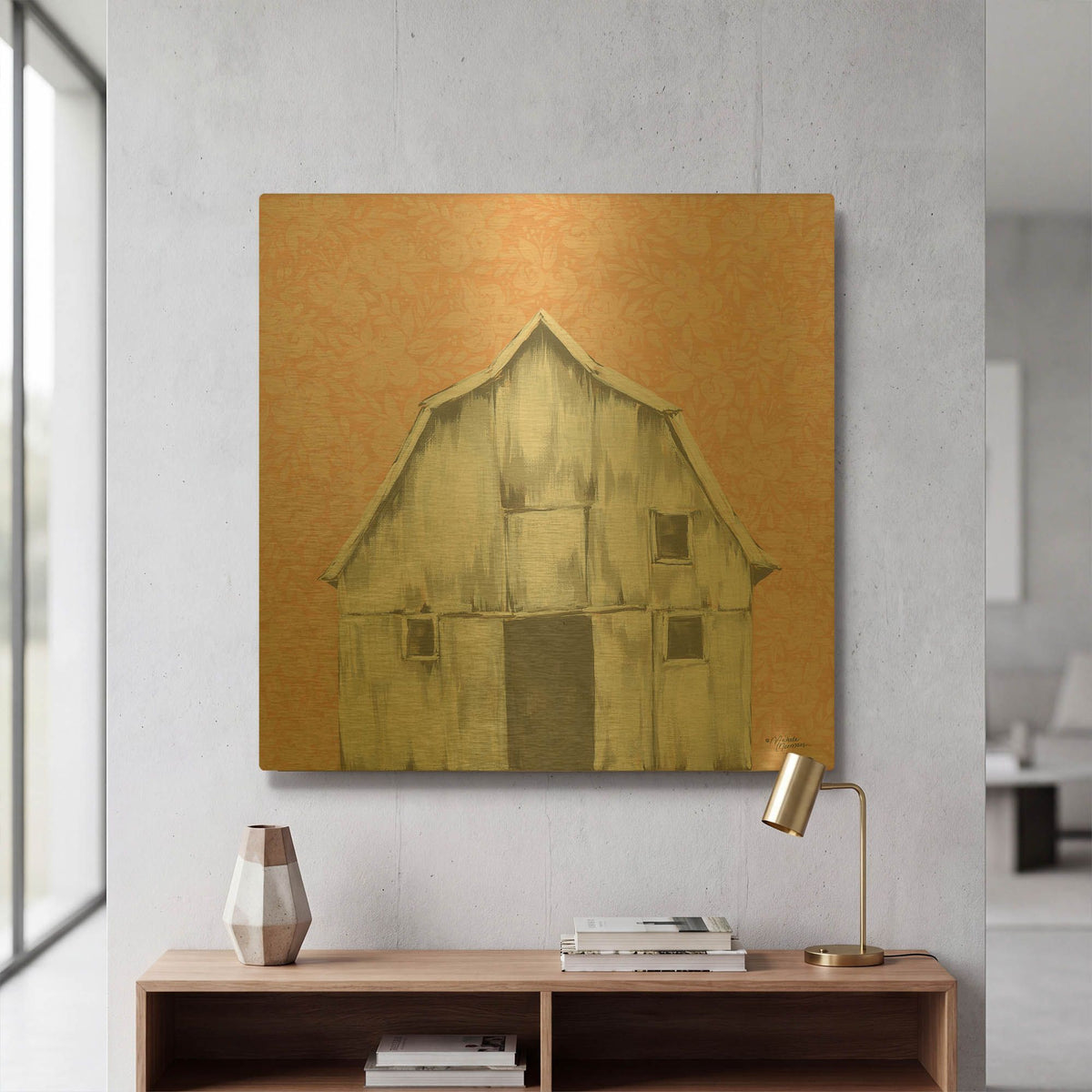 'Peaches & Cream Barn' By Michele Norman Gold Metal Wall Art