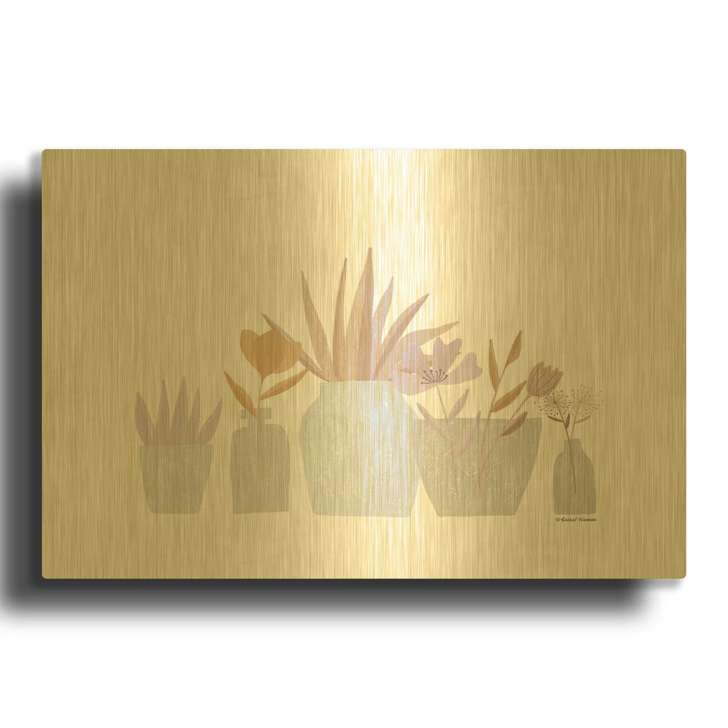 'Flower Vases in a Row' By Rachel Nieman Gold Metal Wall Art