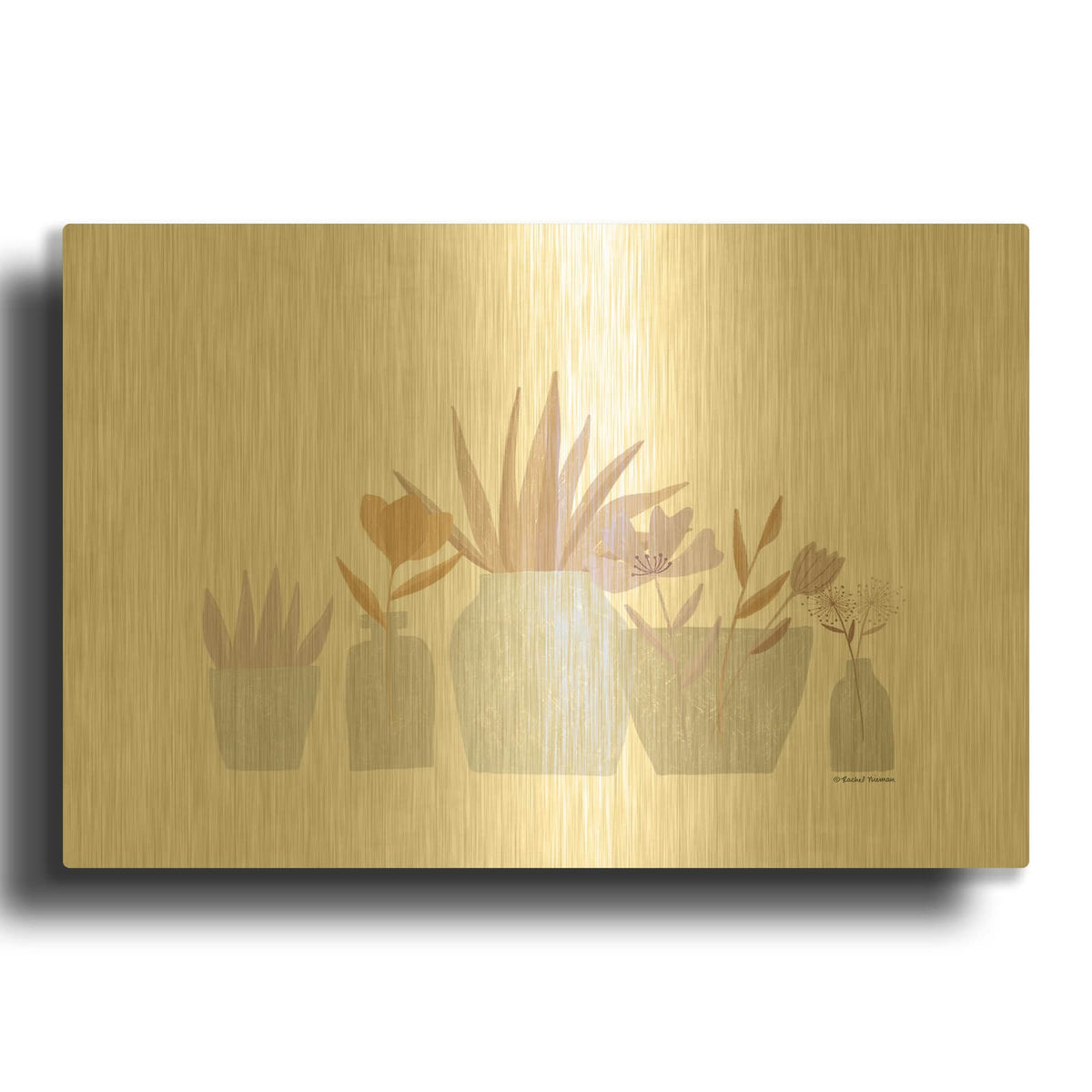 'Flower Vases in a Row' By Rachel Nieman Gold Metal Wall Art