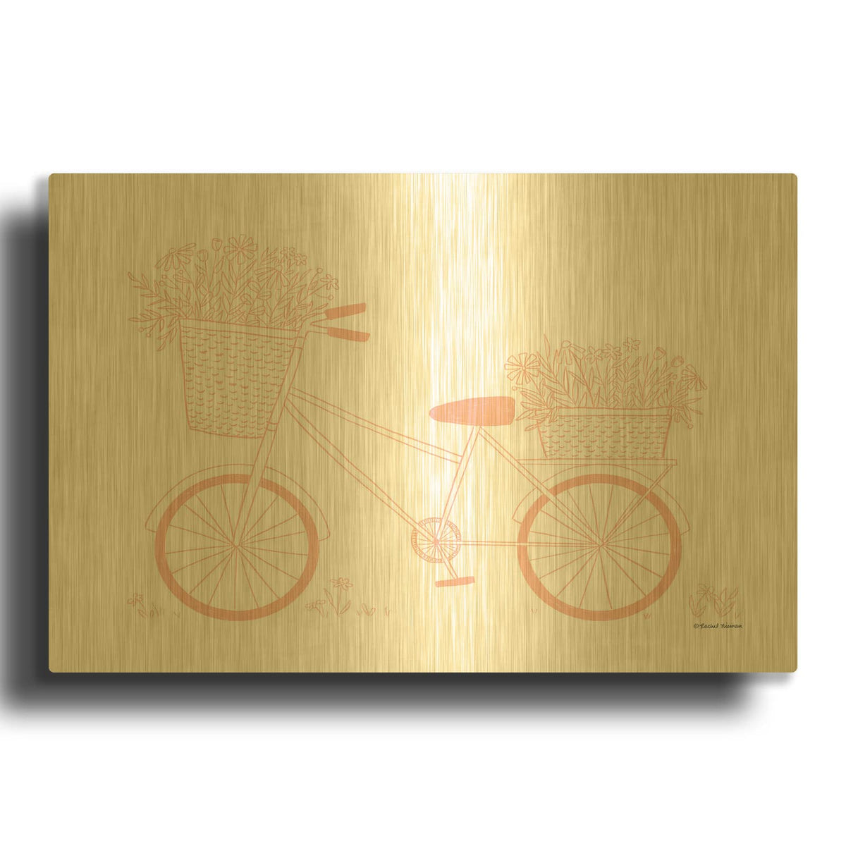 'Pink Flower Bike' By Rachel Nieman Gold Metal Wall Art