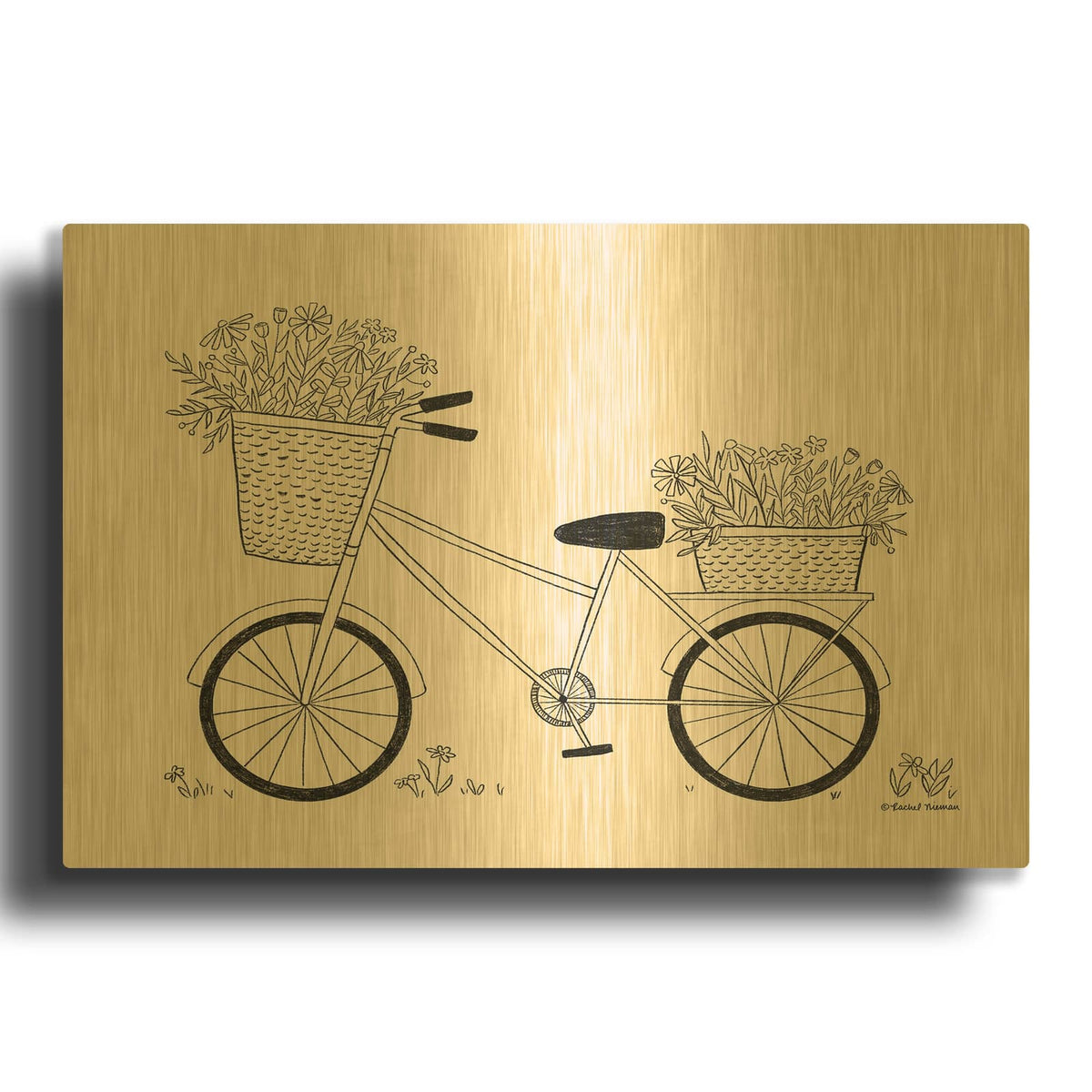 'Spring Flower Bike Sketch' By Rachel Nieman Gold Metal Wall Art