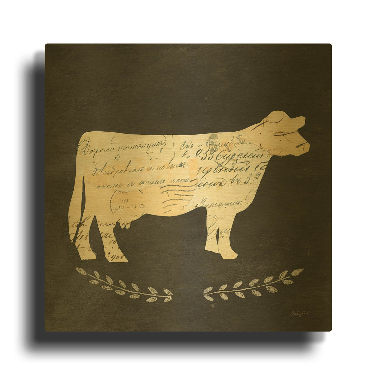 'La Vache Cameo Sq no Words' By Courtney Prahl Gold Metal Wall Art