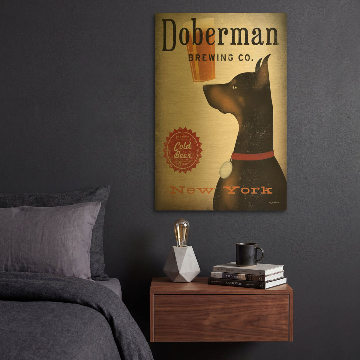 'Doberman Brewing Company NY' By Ryan Fowler Gold Metal Wall Art