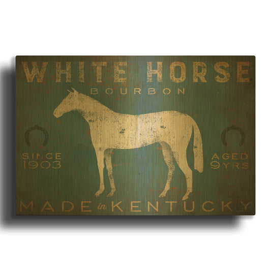 'White Horse with Words Blue' By Ryan Fowler Gold Metal Wall Art