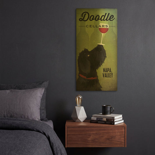 'Doodle Wine II Black Dog' By Ryan Fowler Gold Metal Wall Art