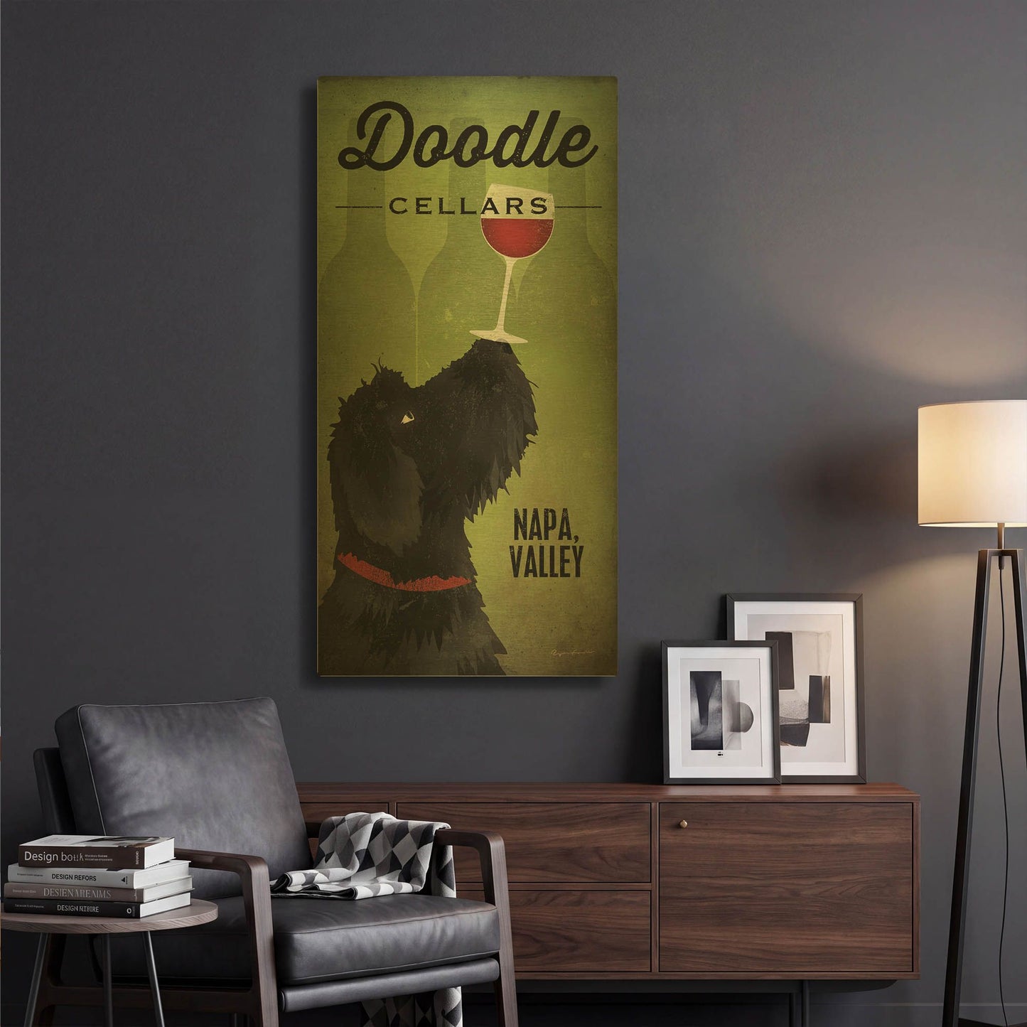 'Doodle Wine II Black Dog' By Ryan Fowler Gold Metal Wall Art