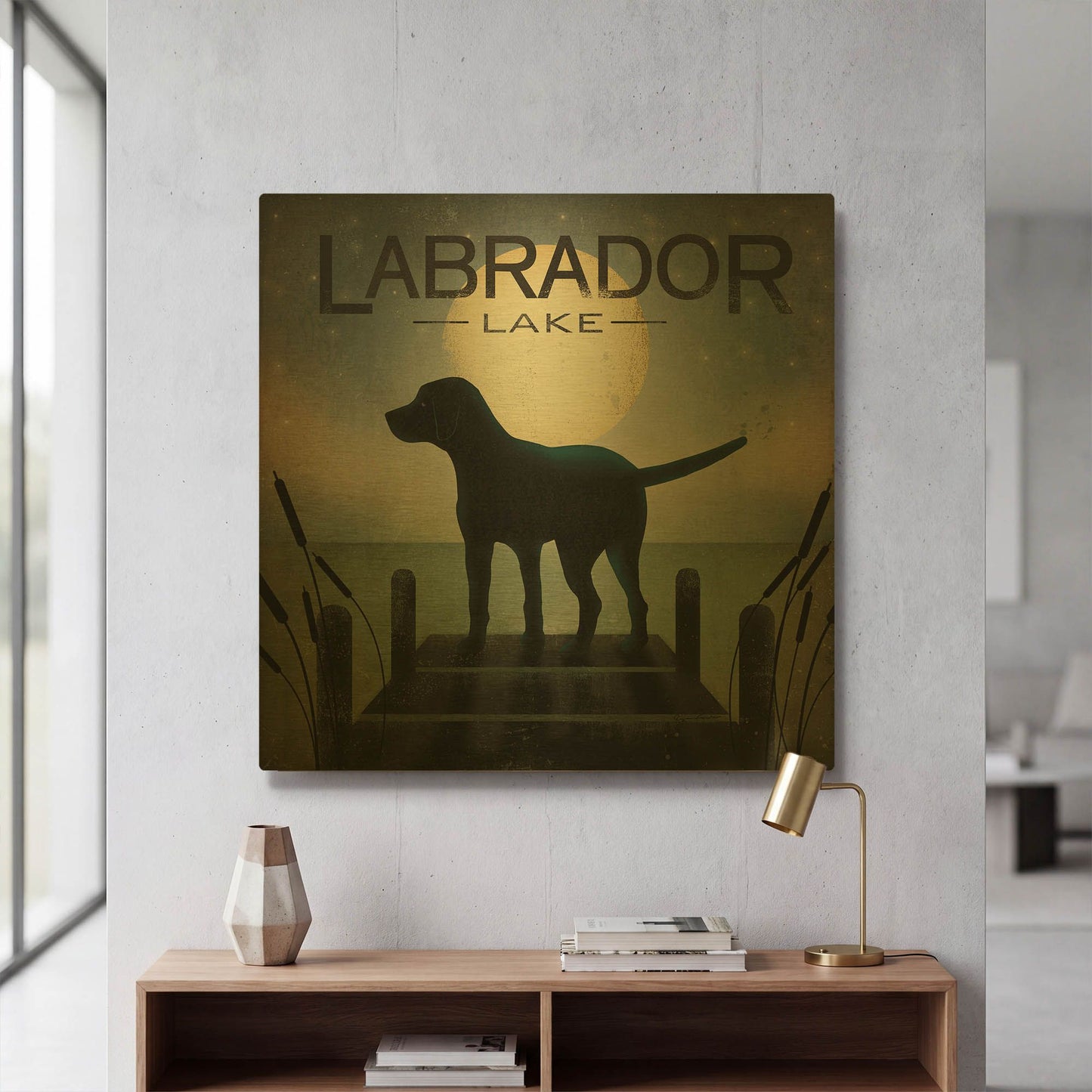 'Moonrise Black Dog - Labrador Lake' By Ryan Fowler Gold Metal Wall Art