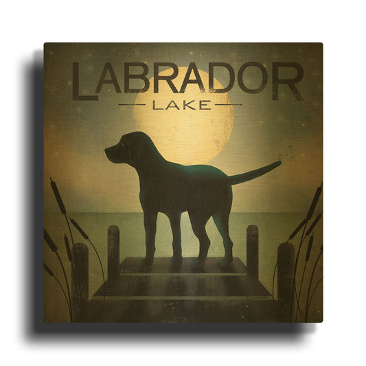 'Moonrise Black Dog - Labrador Lake' By Ryan Fowler Gold Metal Wall Art