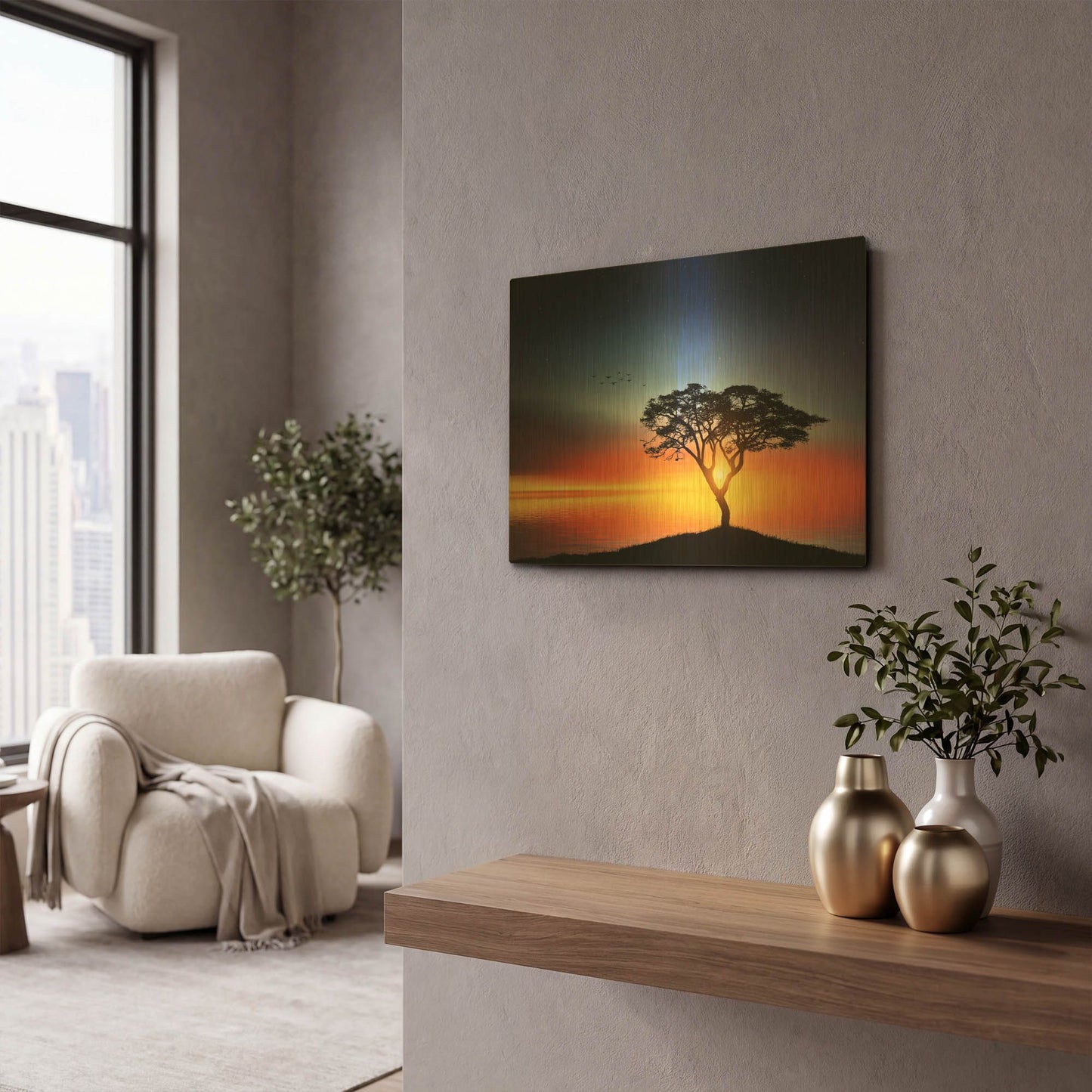 'Sunset On The Tree' By Bess Hamiti Gold Metal Wall Art
