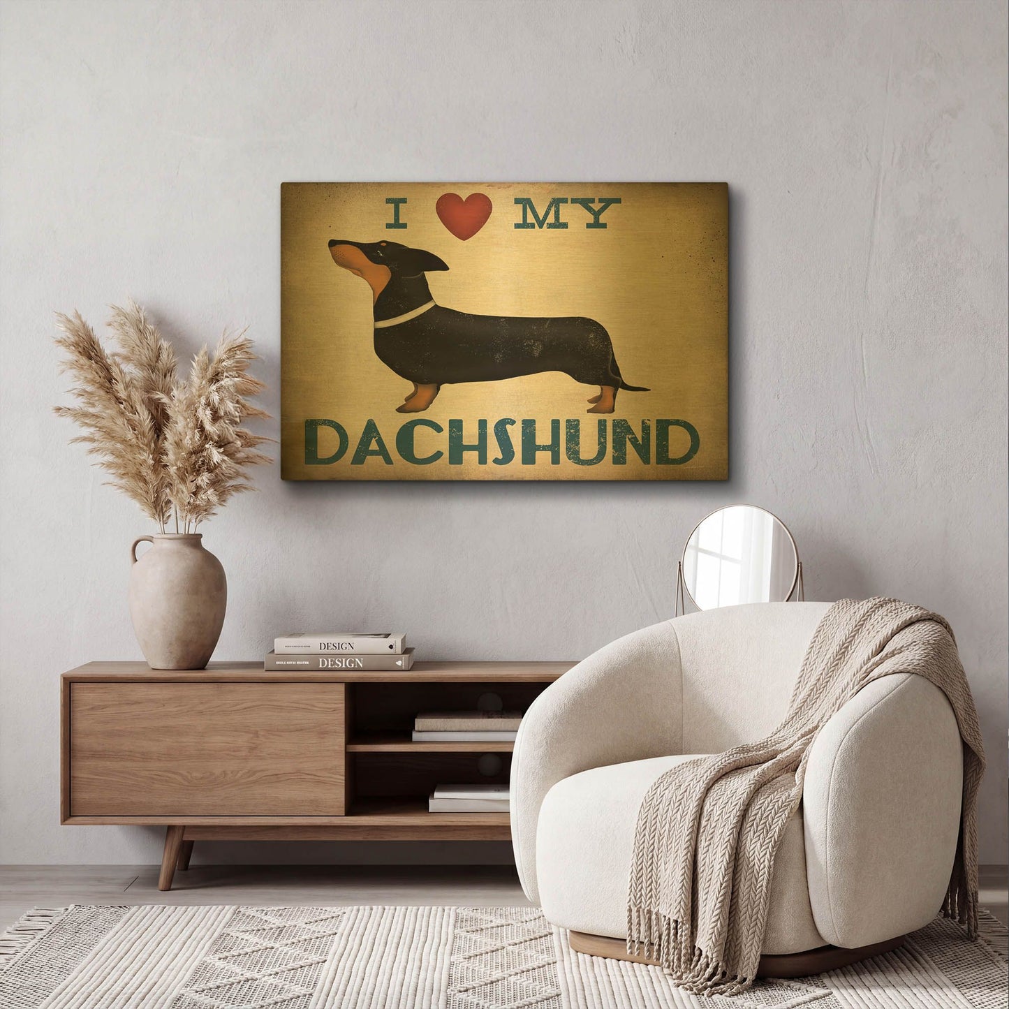 'Dachshund Longboards - Love v2' By Ryan Fowler Gold Metal Wall Art