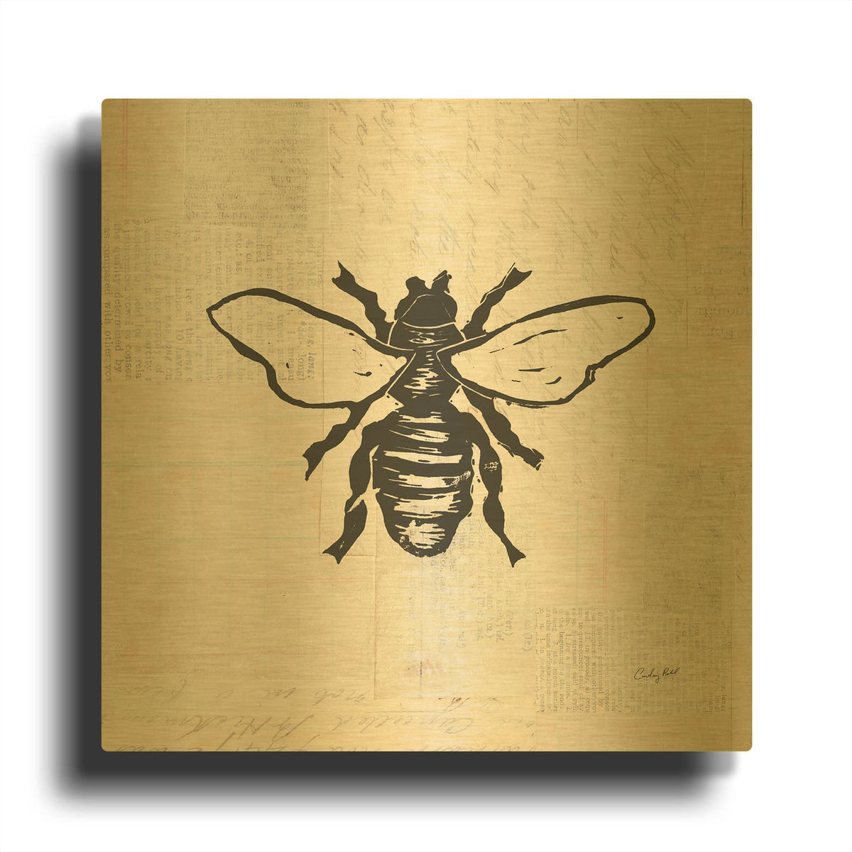 '54278-Bee Stamp BW' By Courtney Prahl Gold Metal Wall Art
