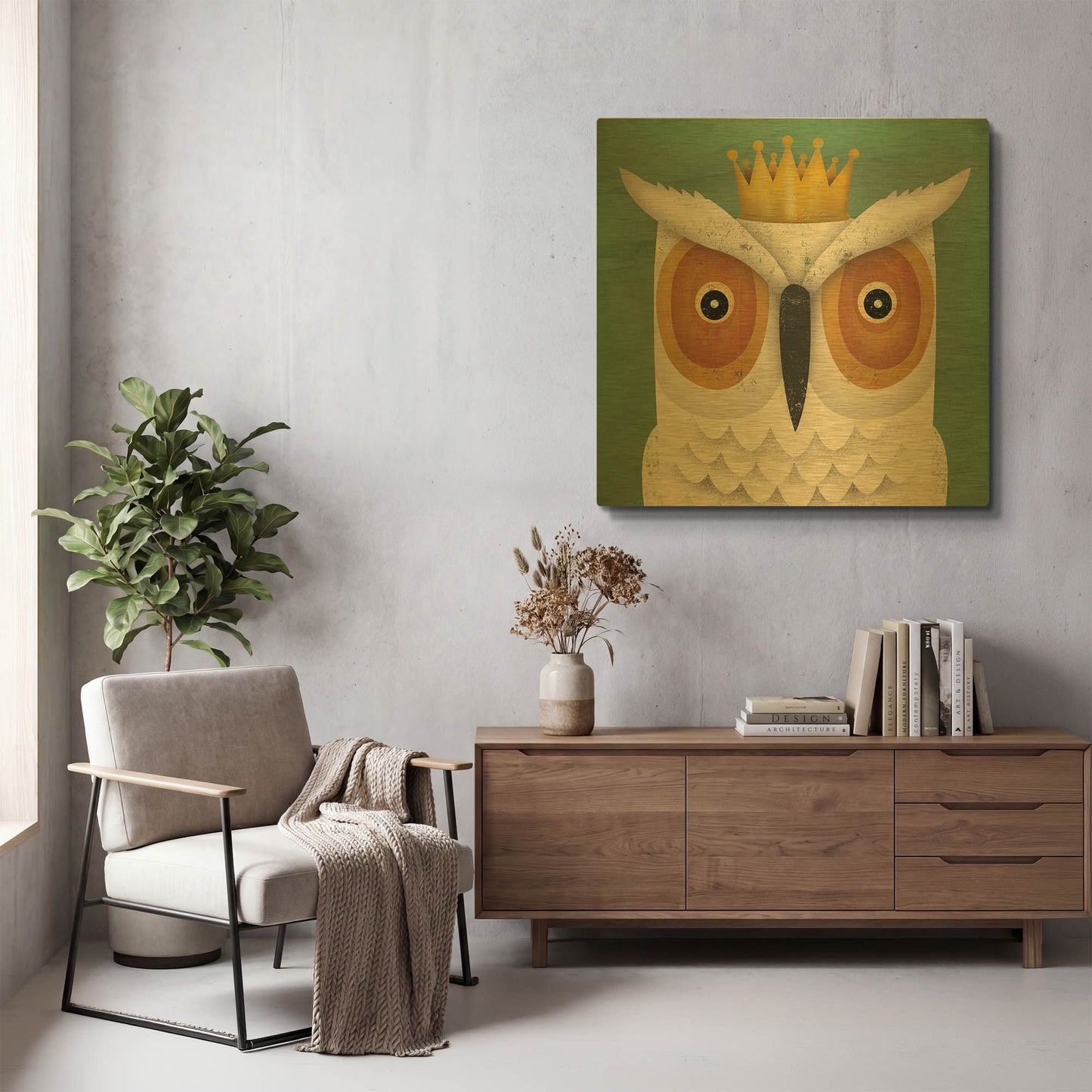 'White Owl with Crown' By Ryan Fowler Gold Metal Wall Art