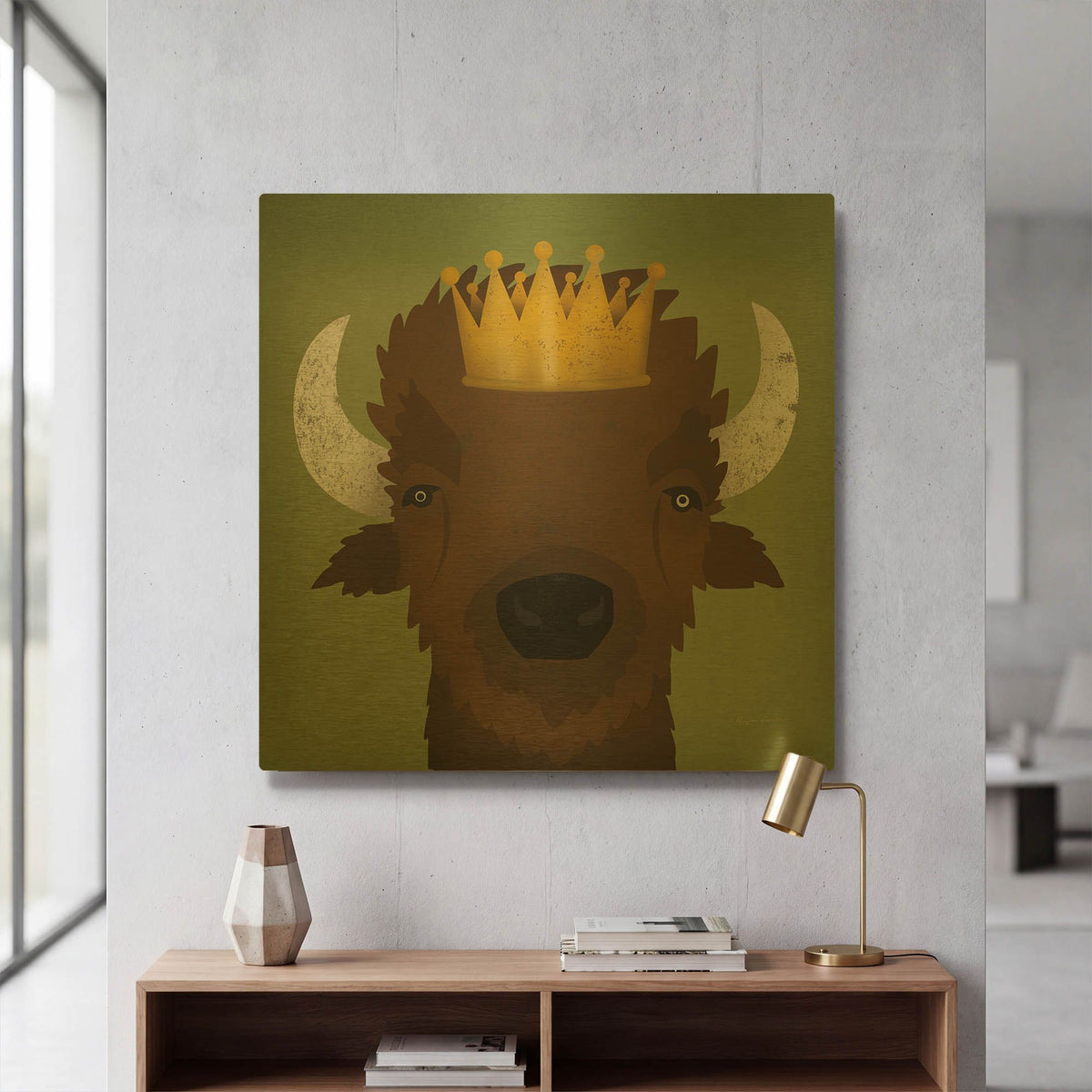 'Buffalo III with Crown' By Ryan Fowler Gold Metal Wall Art