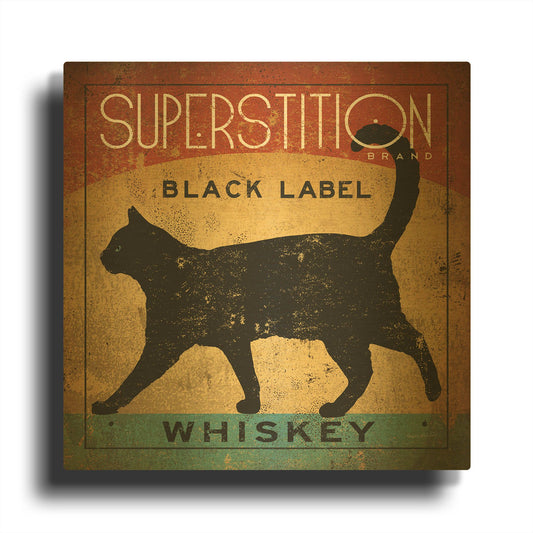 'Superstition Black Label Whiskey Cat' By Ryan Fowler Gold Metal Wall Art