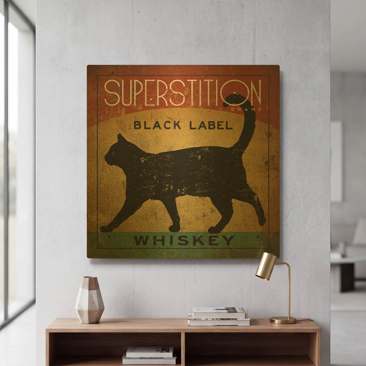 'Superstition Black Label Whiskey Cat' By Ryan Fowler Gold Metal Wall Art