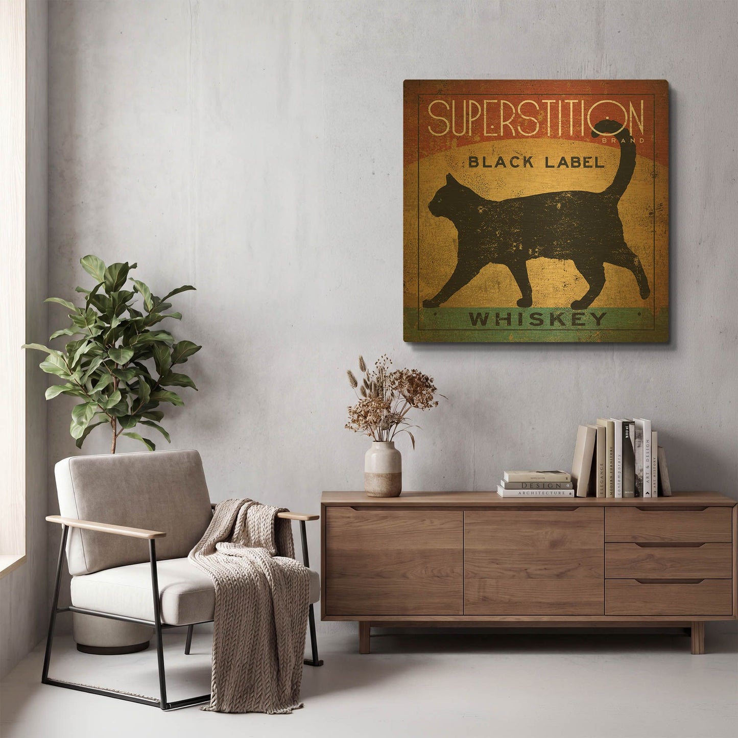 'Superstition Black Label Whiskey Cat' By Ryan Fowler Gold Metal Wall Art