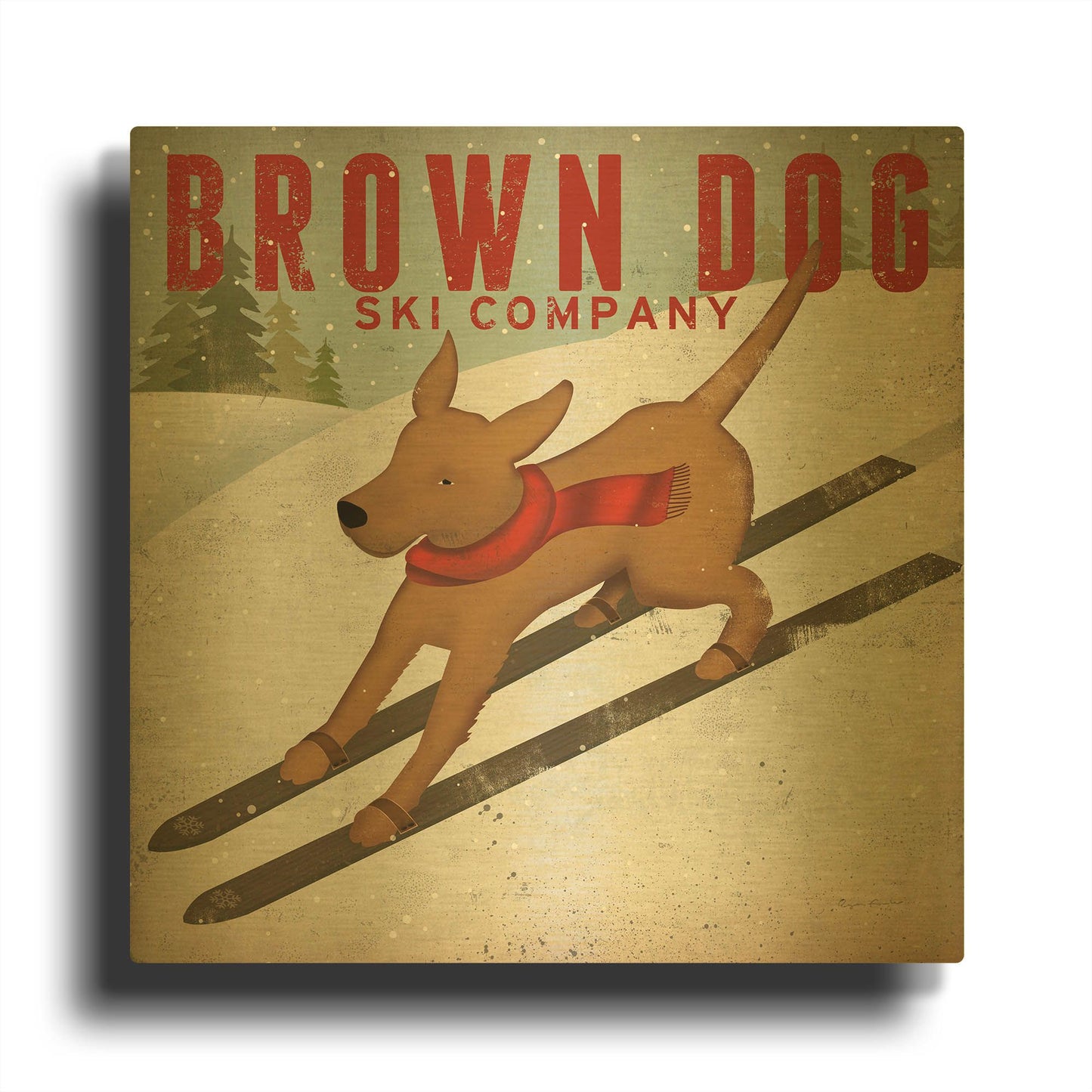 'Brown Dog Ski Co' By Ryan Fowler Gold Metal Wall Art