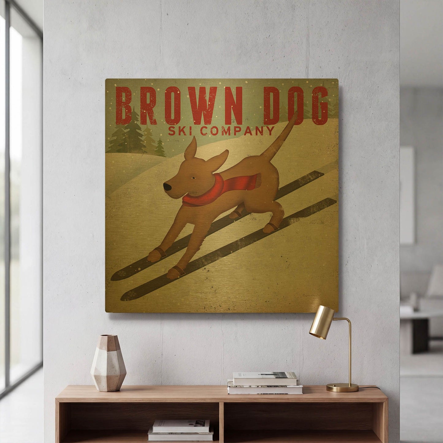'Brown Dog Ski Co' By Ryan Fowler Gold Metal Wall Art