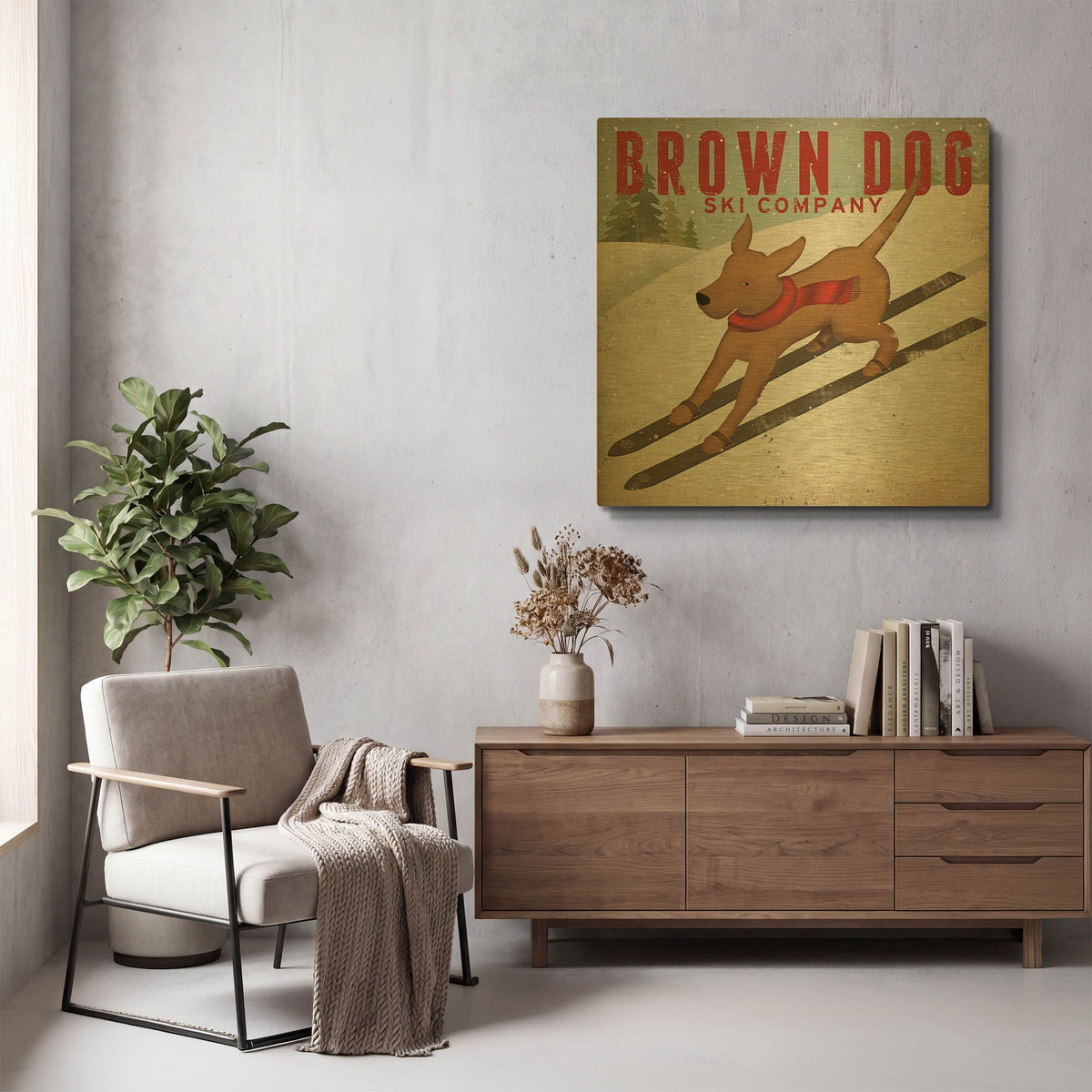 'Brown Dog Ski Co' By Ryan Fowler Gold Metal Wall Art