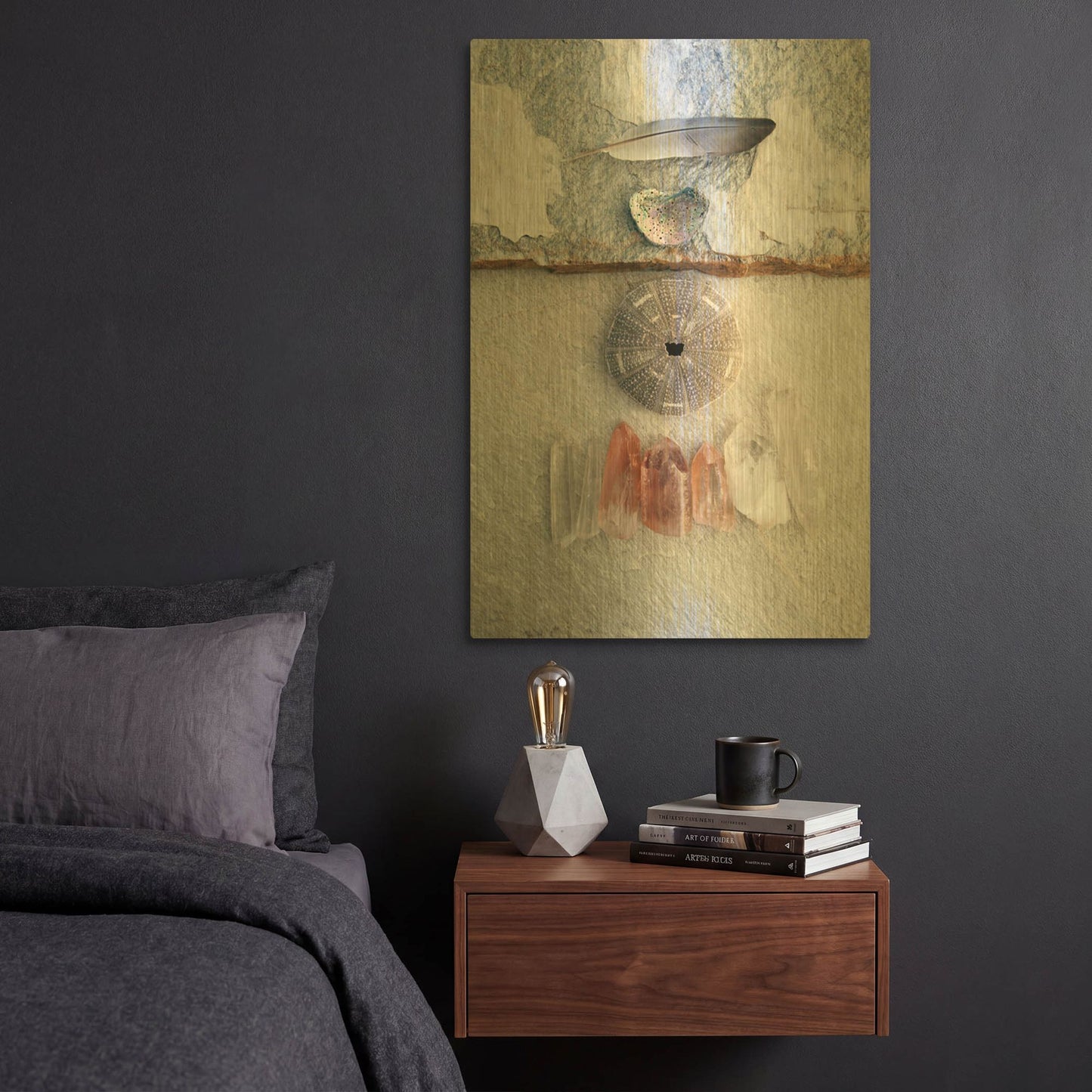 'Feather Ocean Earth Meditation' By Elena Ray Gold Metal Wall Art