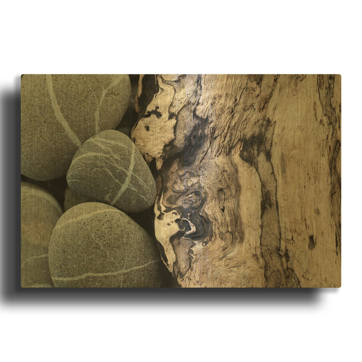 'Dirftwood and Beach Stones' By Elena Ray Gold Metal Wall Art