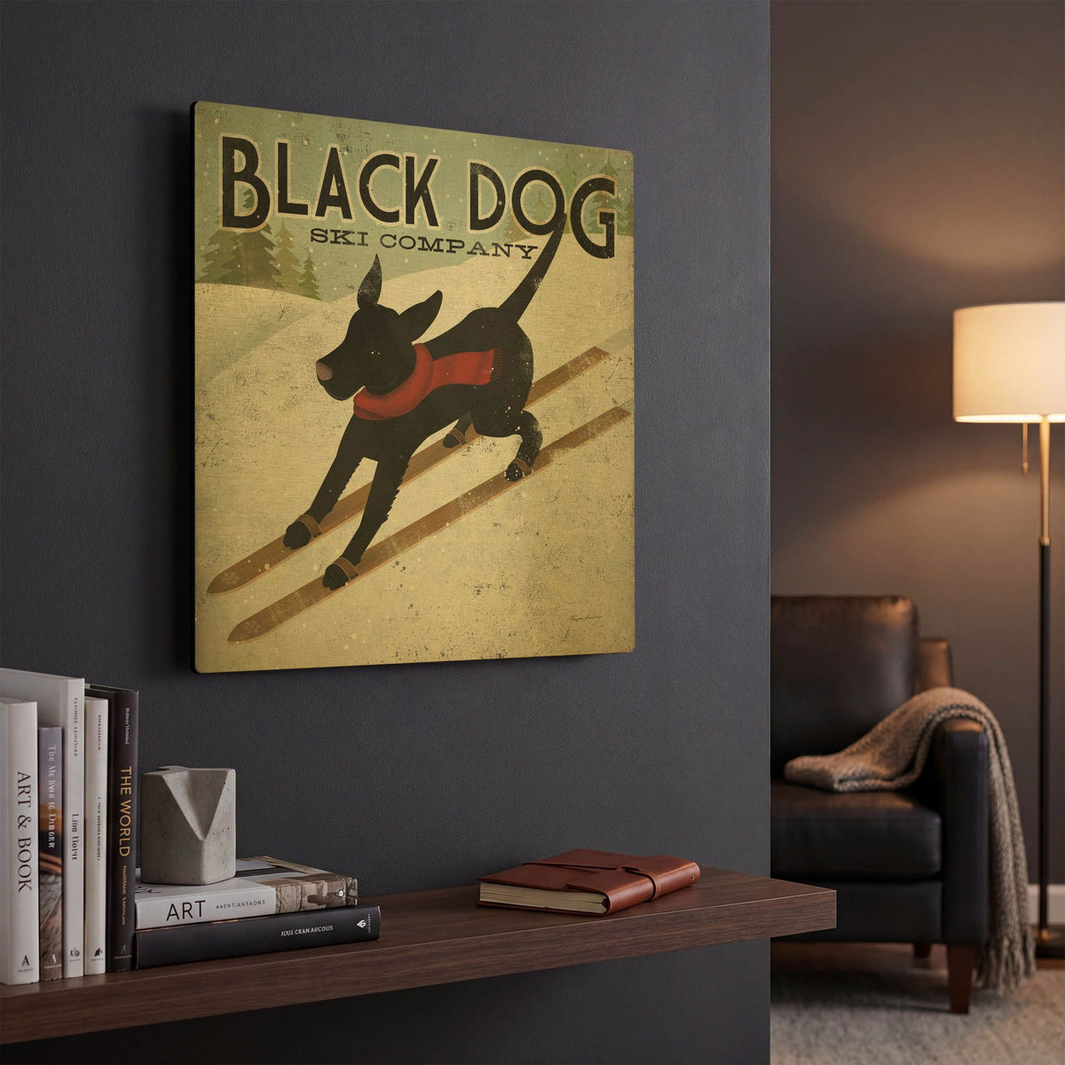 'Black Dog Ski' By Ryan Fowler Gold Metal Wall Art