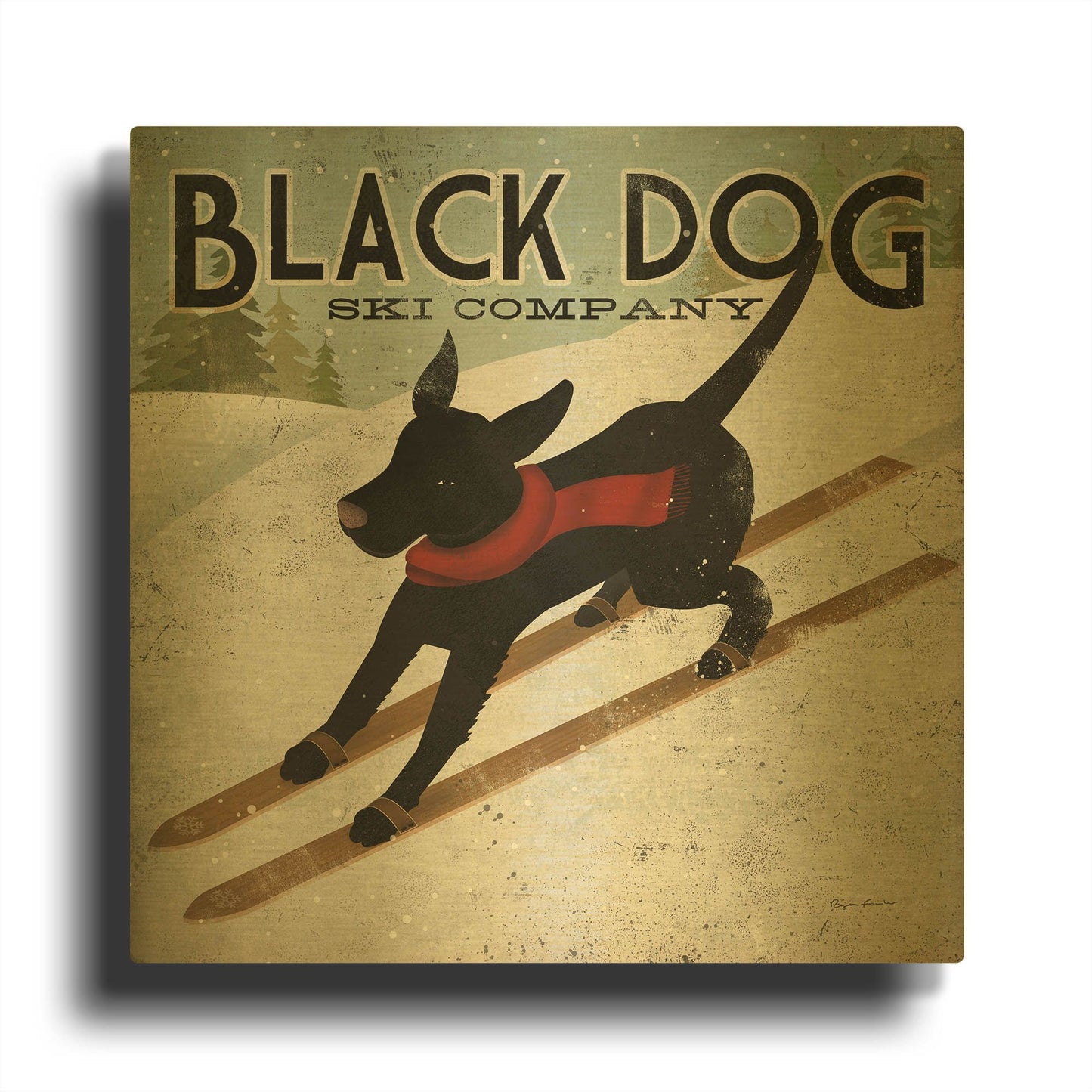 'Black Dog Ski' By Ryan Fowler Gold Metal Wall Art