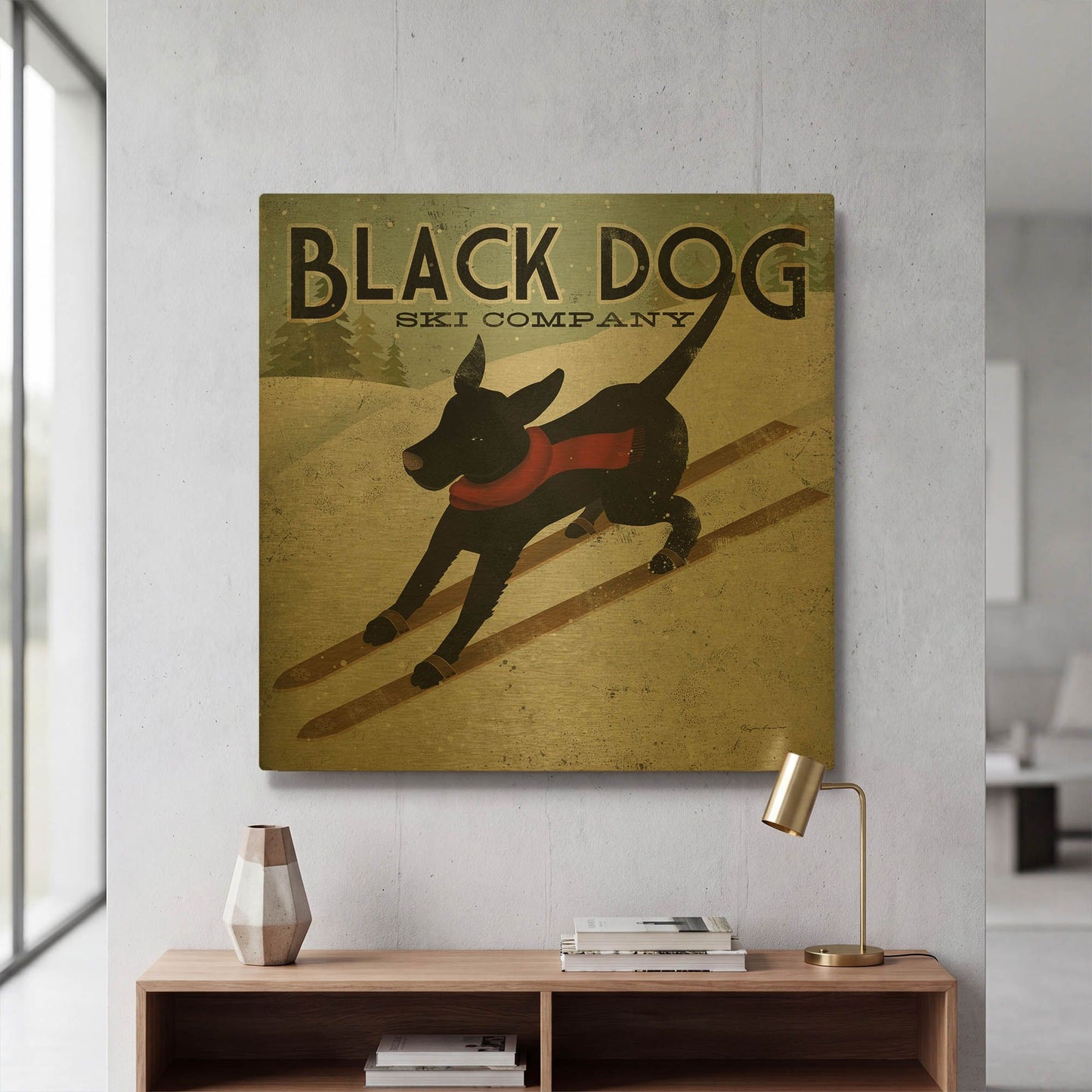 'Black Dog Ski' By Ryan Fowler Gold Metal Wall Art