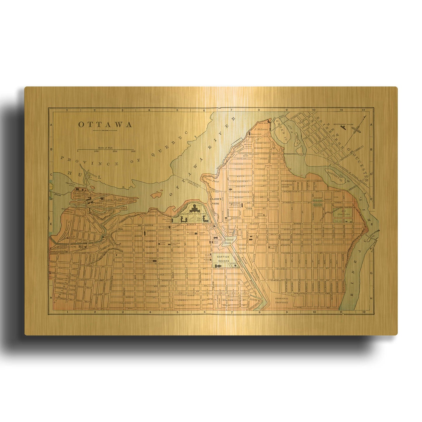 'Map of Ottawa' By Wild Apple Portfolio Gold Metal Wall Art