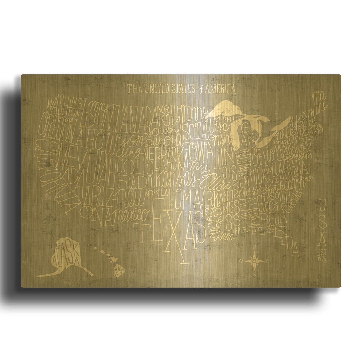 'Hand Lettered USA Map Gray' By Michael Mullan Gold Metal Wall Art