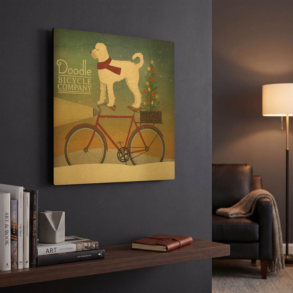 'White Doodle on Bike Christmas' By Ryan Fowler Gold Metal Wall Art