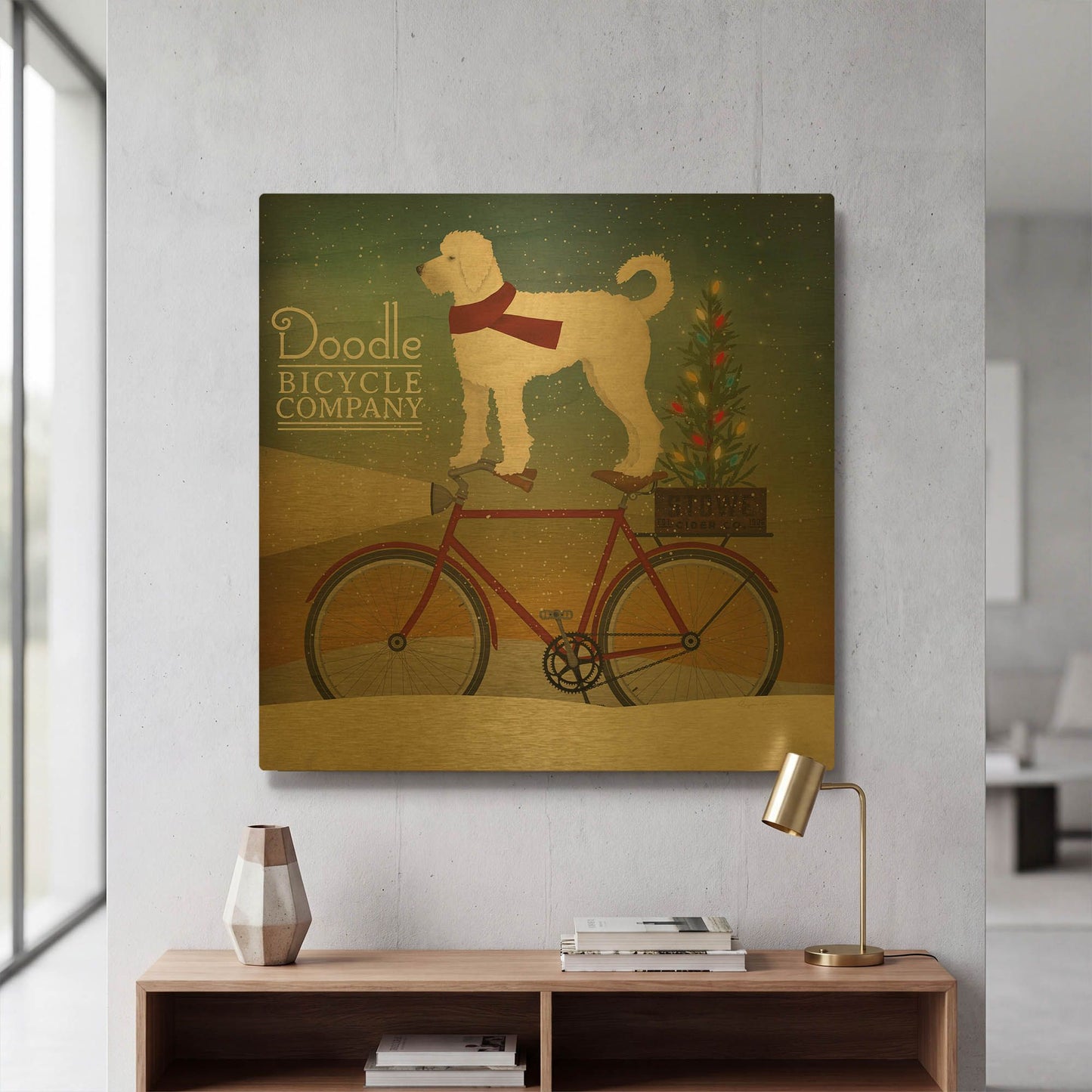 'White Doodle on Bike Christmas' By Ryan Fowler Gold Metal Wall Art