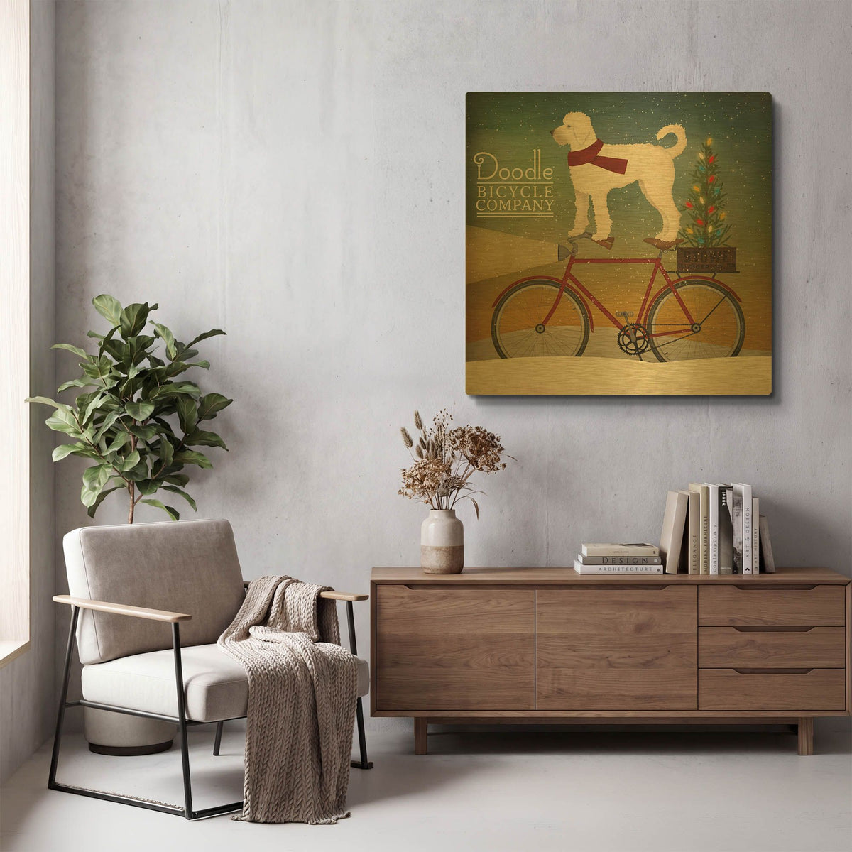 'White Doodle on Bike Christmas' By Ryan Fowler Gold Metal Wall Art