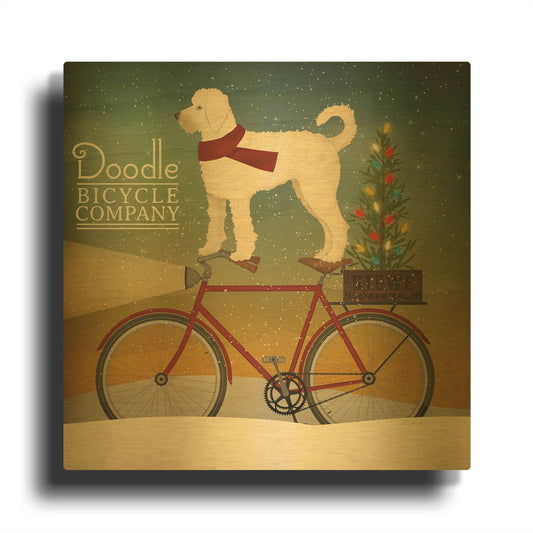 'White Doodle on Bike Christmas' By Ryan Fowler Gold Metal Wall Art