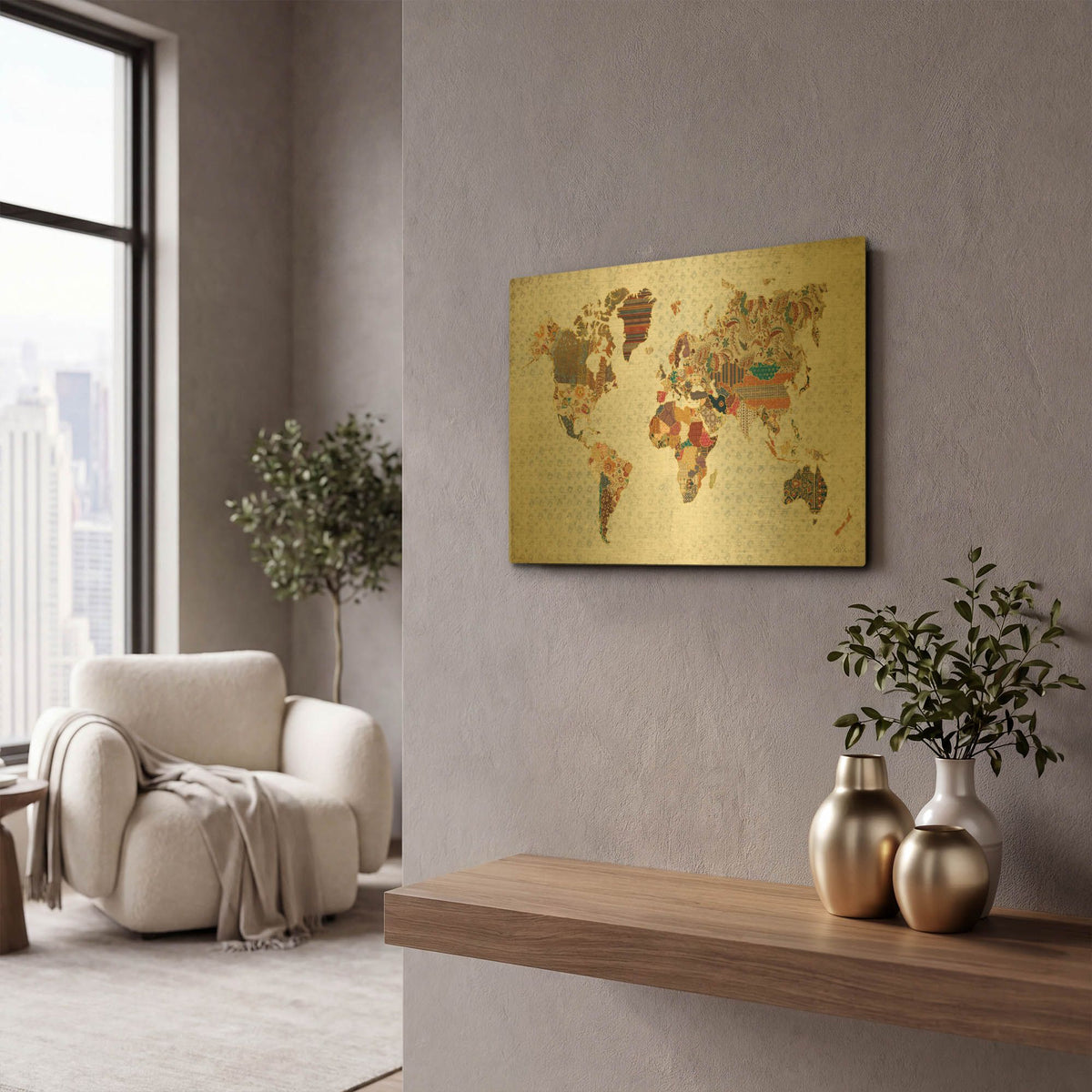 'Pattern World Map Geo Background' By Laura Marshall Gold Metal Wall Art