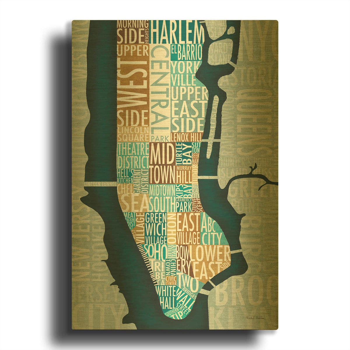 'Manhattan Map Blue Brown' By Michael Mullan Gold Metal Wall Art