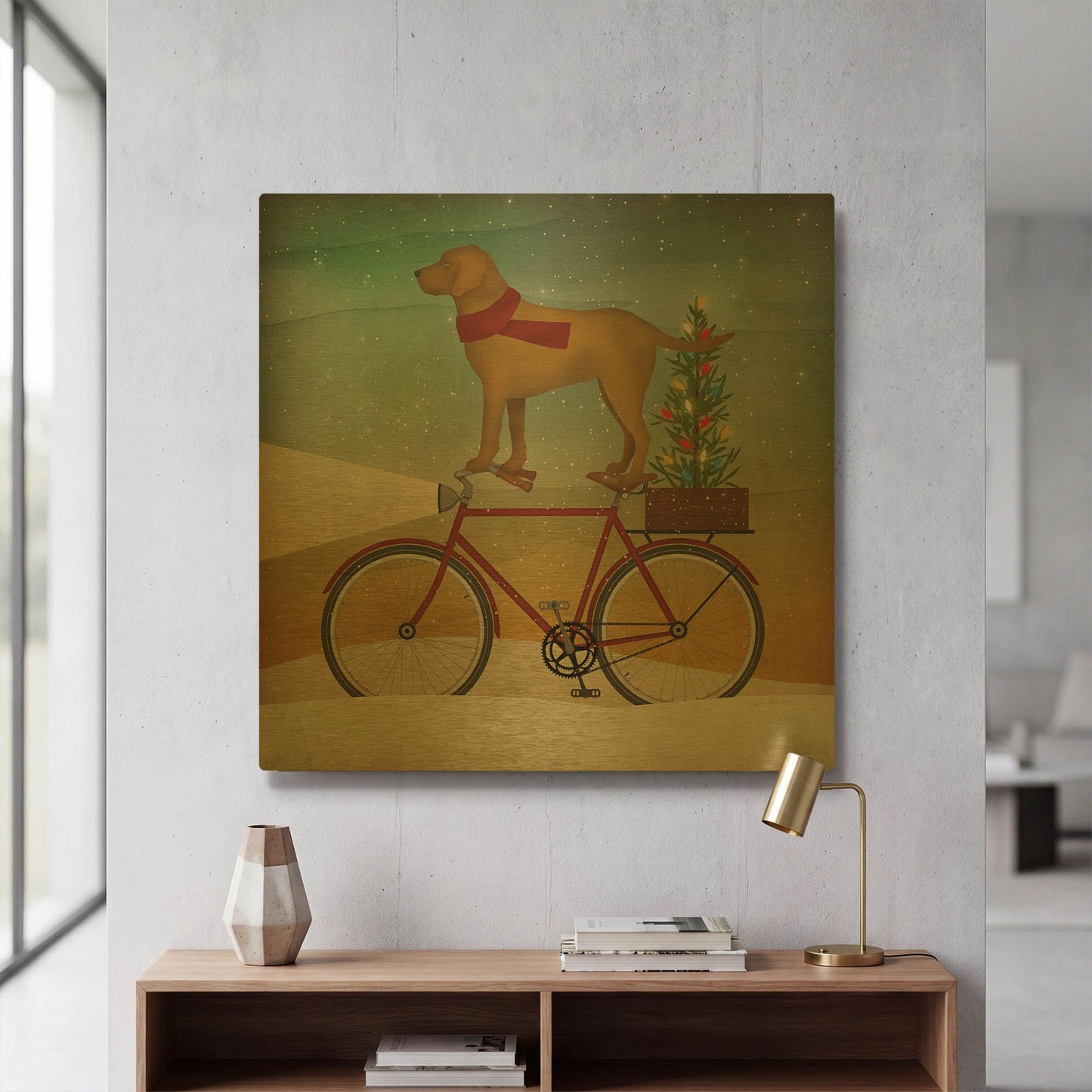 'Yellow Lab on Bike Christmas' By Ryan Fowler Gold Metal Wall Art