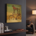 'Brown Lab on Bike Christmas' By Ryan Fowler Gold Metal Wall Art