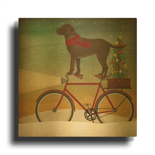 'Brown Lab on Bike Christmas' By Ryan Fowler Gold Metal Wall Art