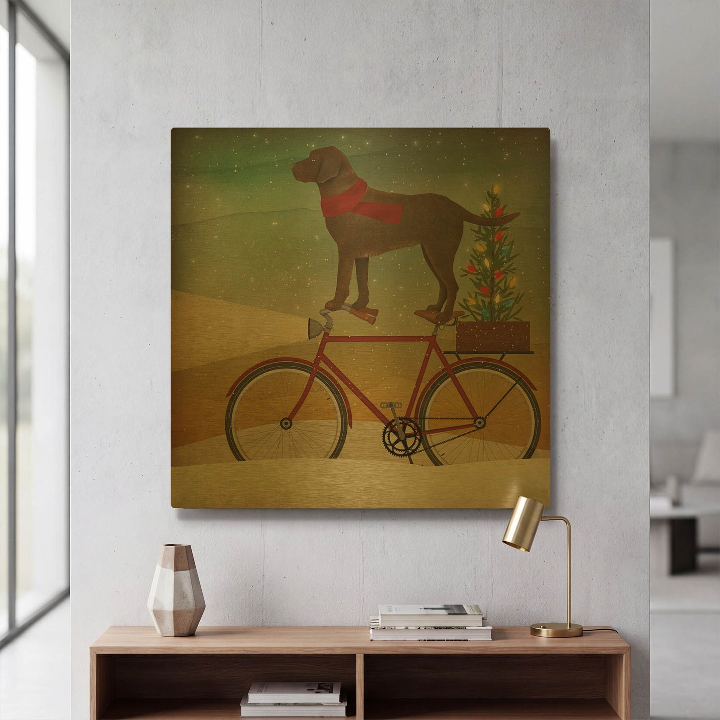 'Brown Lab on Bike Christmas' By Ryan Fowler Gold Metal Wall Art