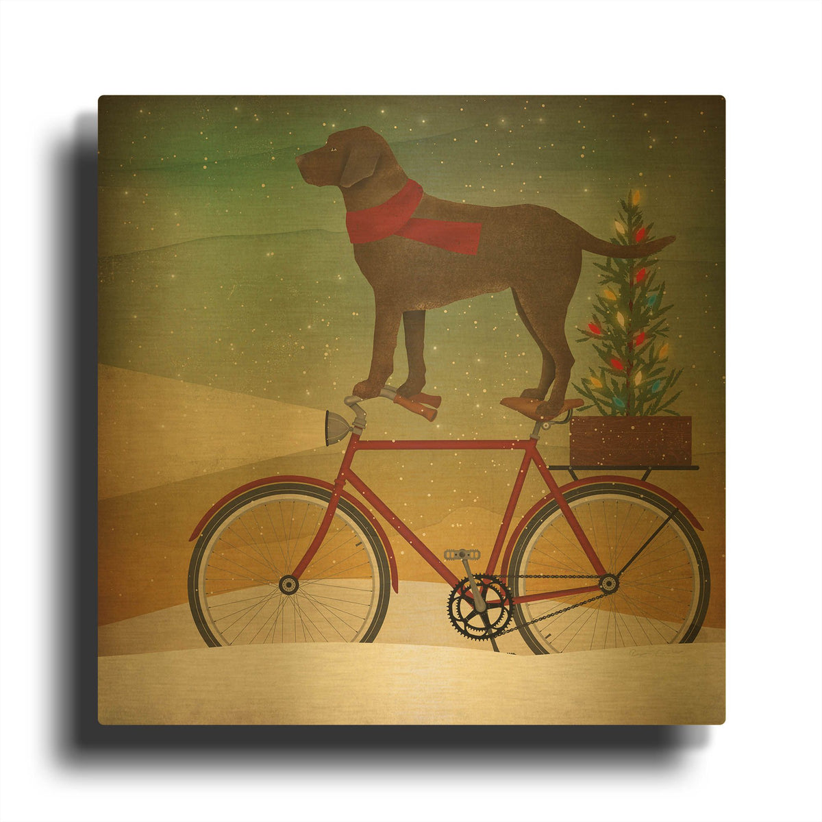 'Brown Lab on Bike Christmas' By Ryan Fowler Gold Metal Wall Art