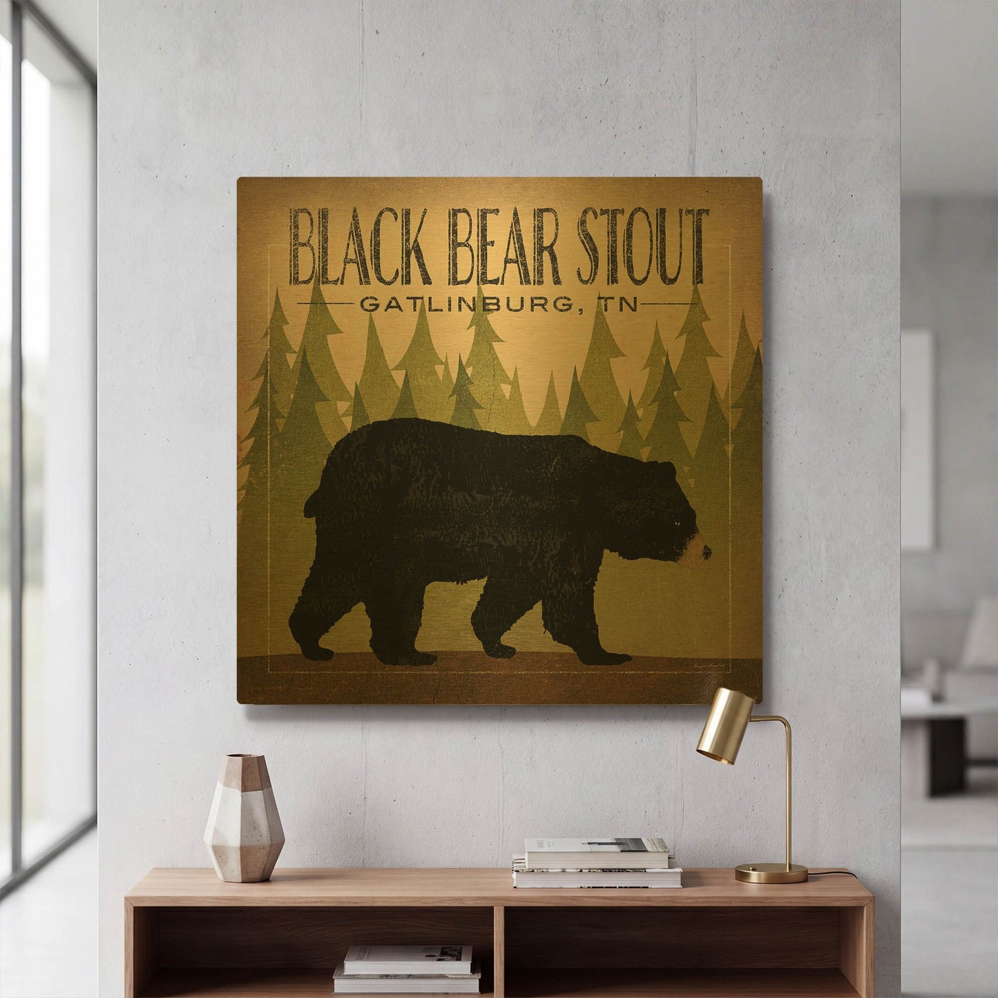 'Take a Hike Bear Black Bear Stout' By Ryan Fowler Gold Metal Wall Art