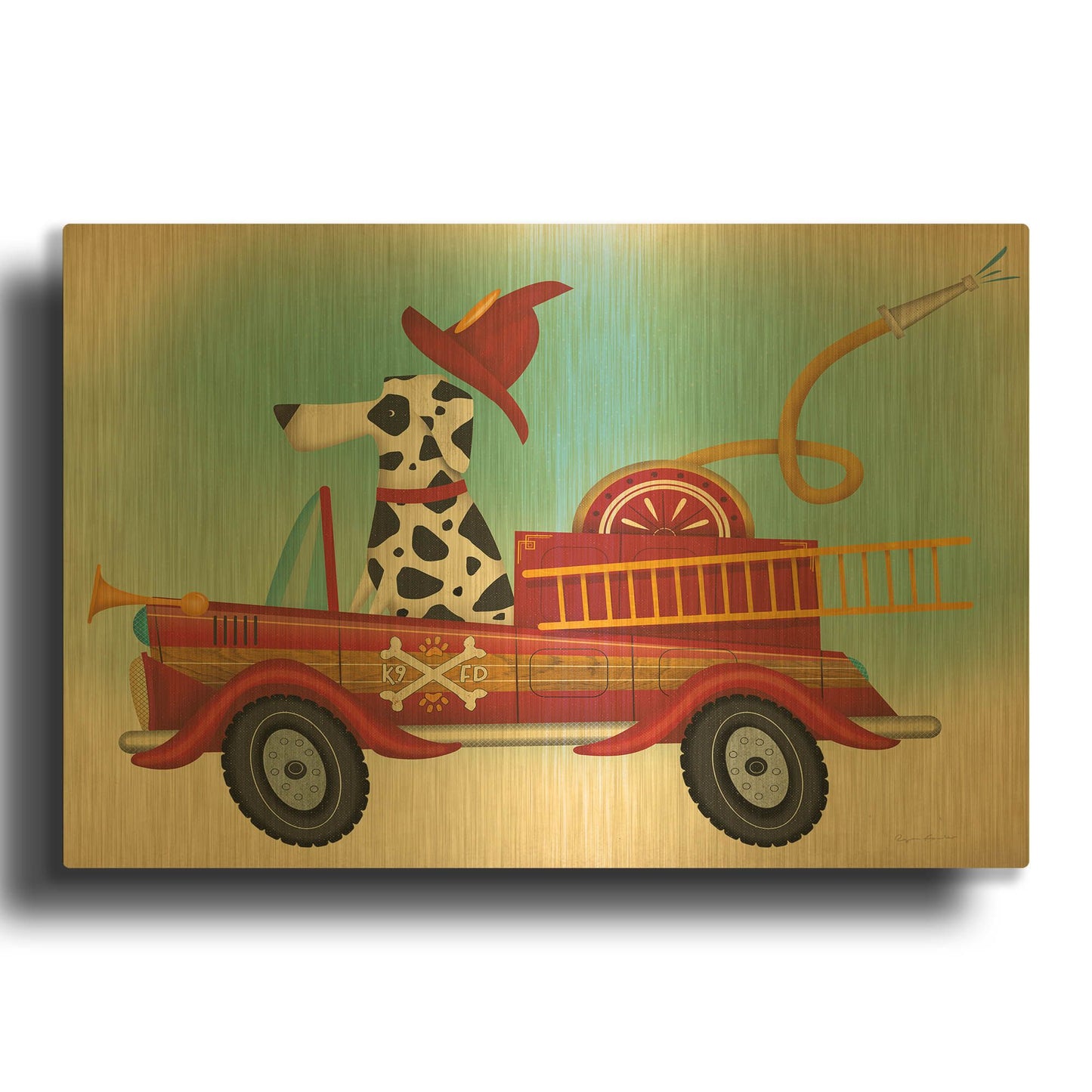 'K9 Fire Department' By Ryan Fowler Gold Metal Wall Art