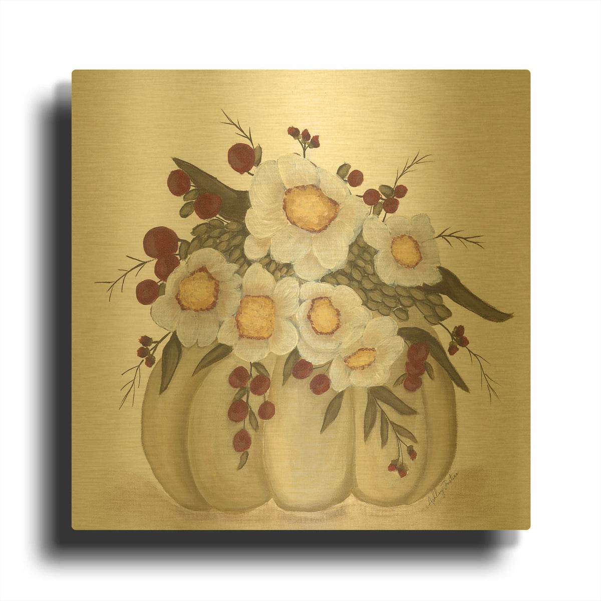 'Floral Pumpkin' By Ashley Justice Gold Metal Wall Art