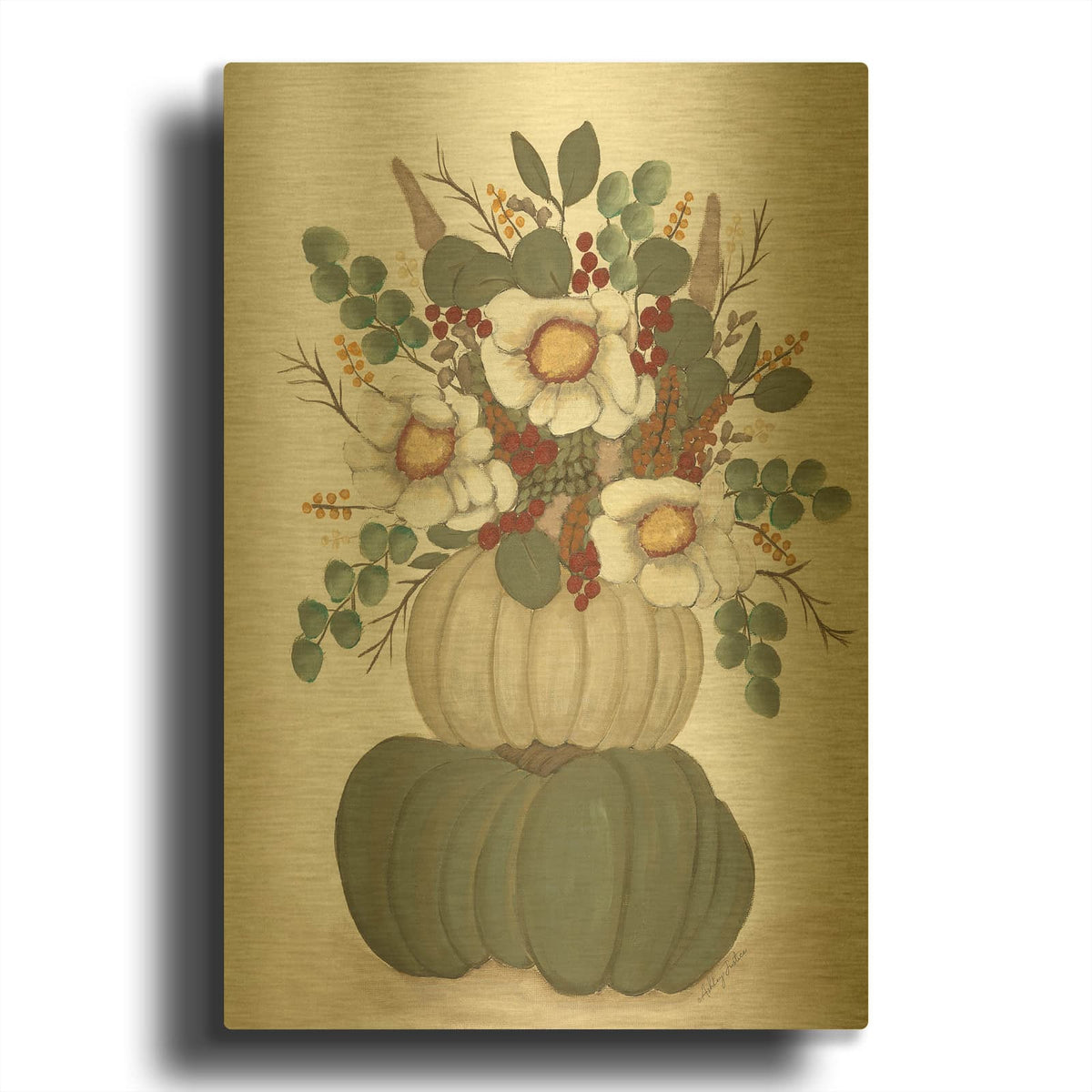 'Floral Pumpkin Stack' By Ashley Justice Gold Metal Wall Art