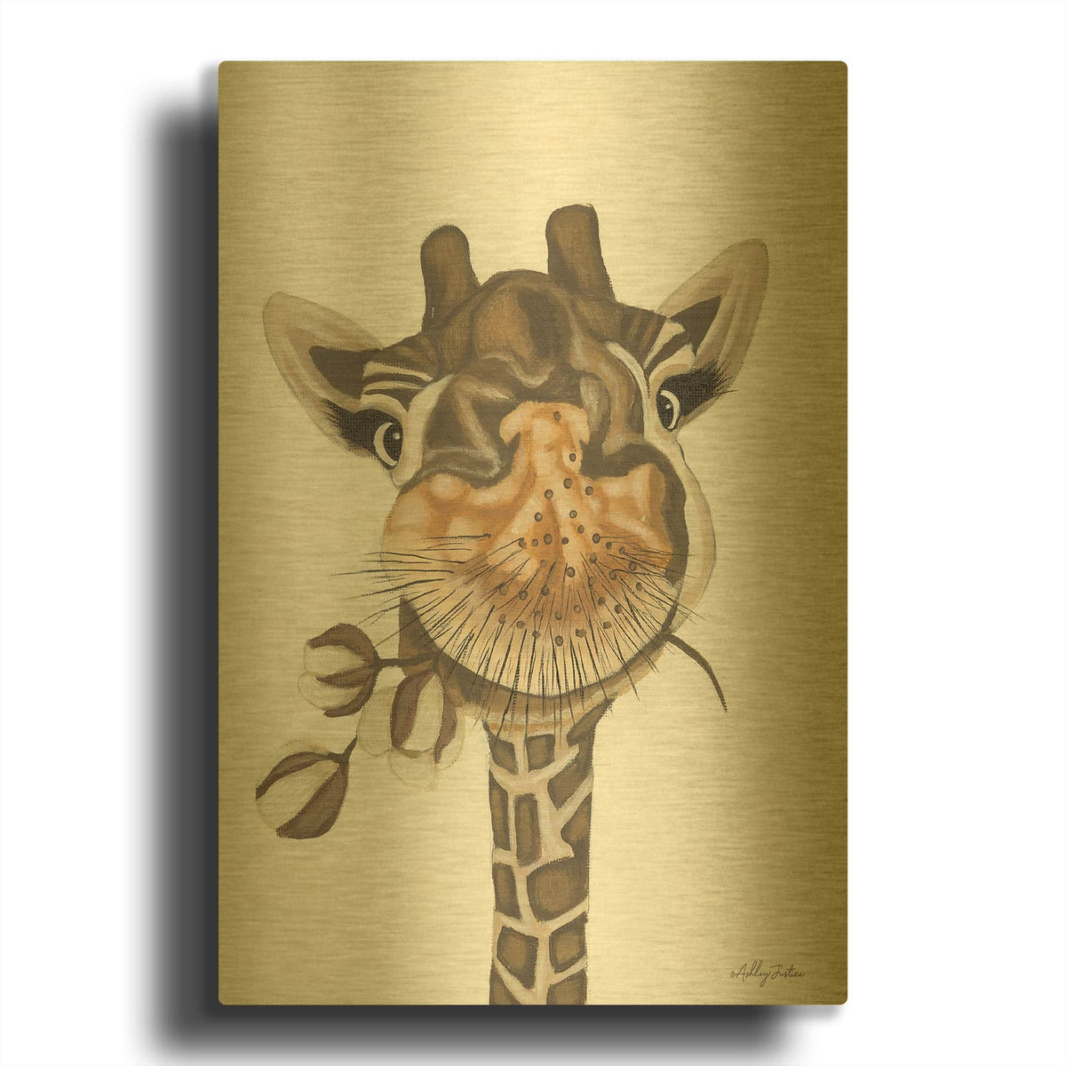 'Giraffe with Cotton' By Ashley Justice Gold Metal Wall Art